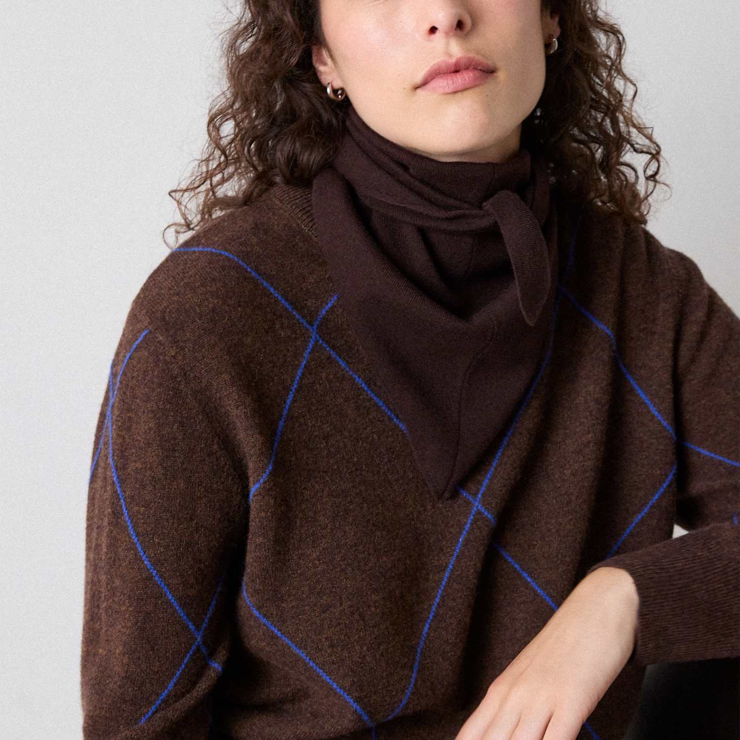 Whistles Women's Pure Wool Contrast Diamond Knitted Top - Large - Brown Mix - Available at M&S