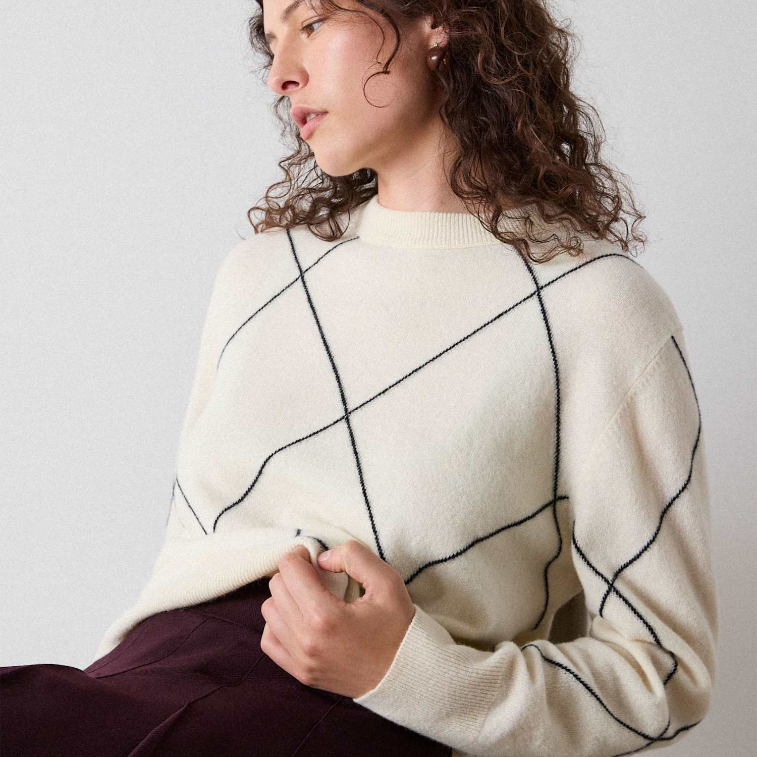 Whistles Women's Pure Wool Contrast Diamond Knitted Top - Extra Small - Ivory Mix - Available at M&S