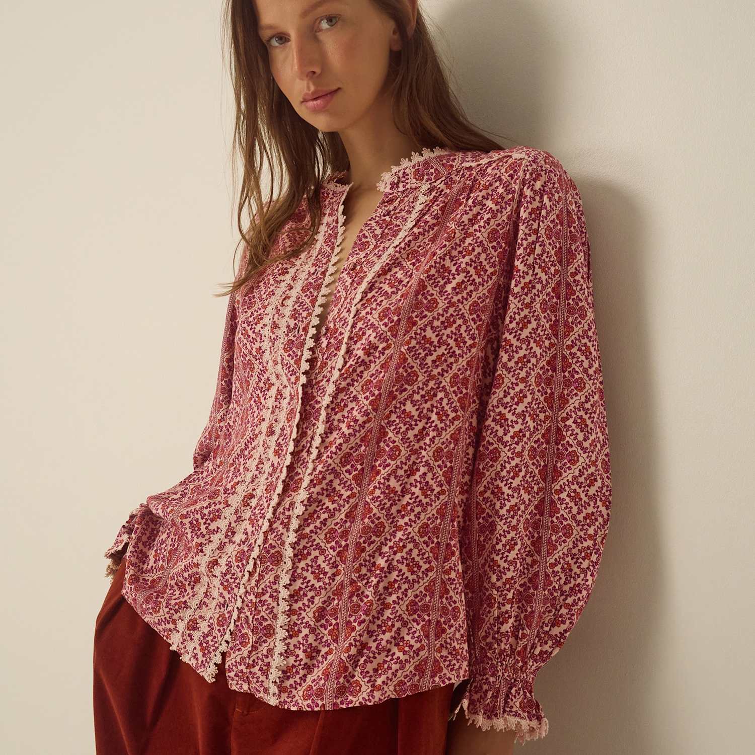 Monsoon Women's Printed Collared Top - Medium - Pink Mix - Available at M&S