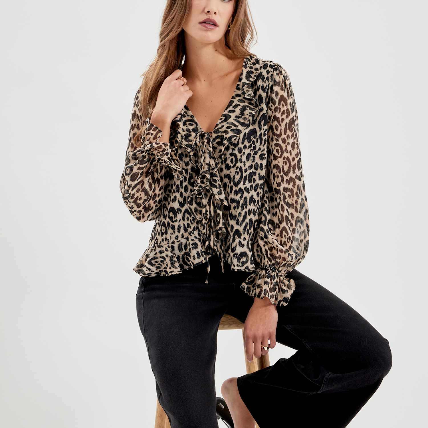 Finery London Women's Chiffon Animal Print V Neck Tie Front Blouse - 18 - Natural Mix - Available at M&S