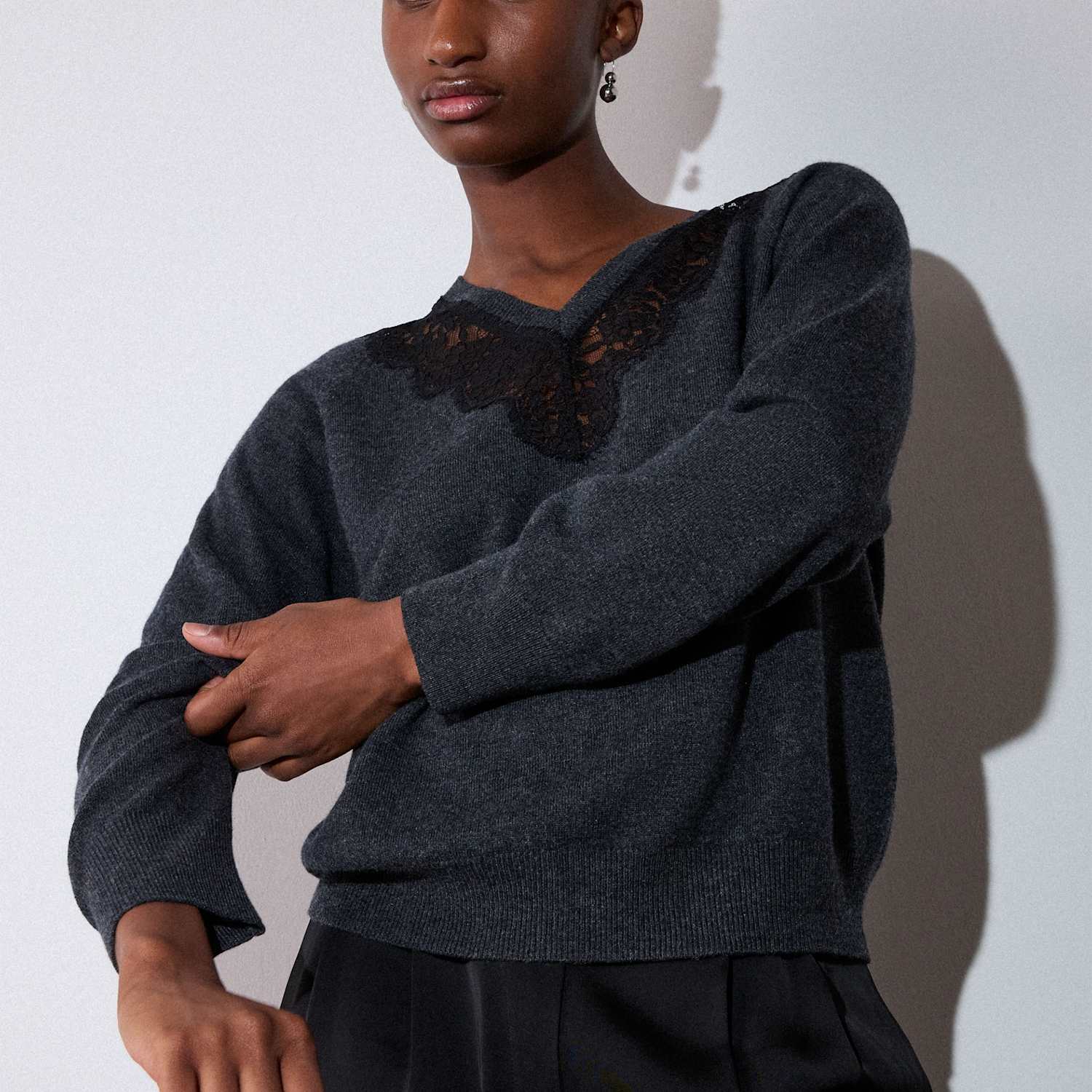 Whistles Women's Wool Blend V-Neck Lace Trim Knitted Top - Small - Dark Grey - Available at M&S