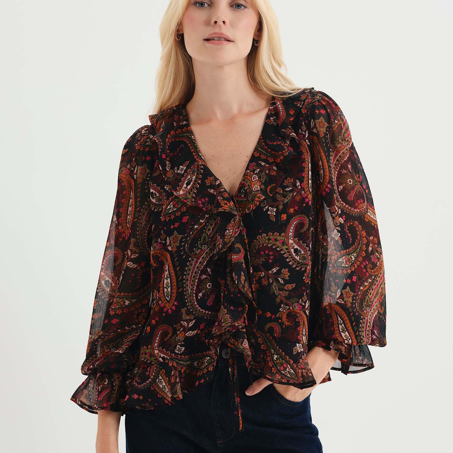 Finery London Women's Chiffon Paisley Ruffle Front Tie Blouse - 10 - Black Mix - Available at M&S