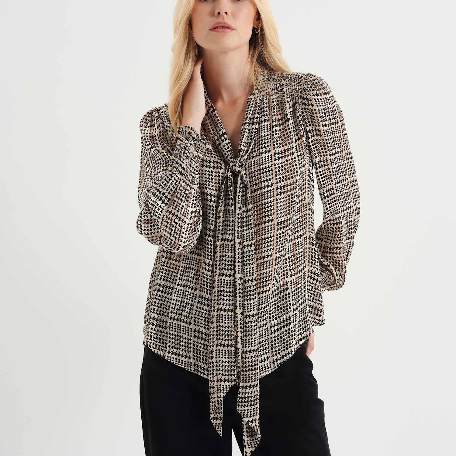 Finery London Women's Satin Printed Tie Neck Blouse - 24 - Beige Mix - Available at M&S