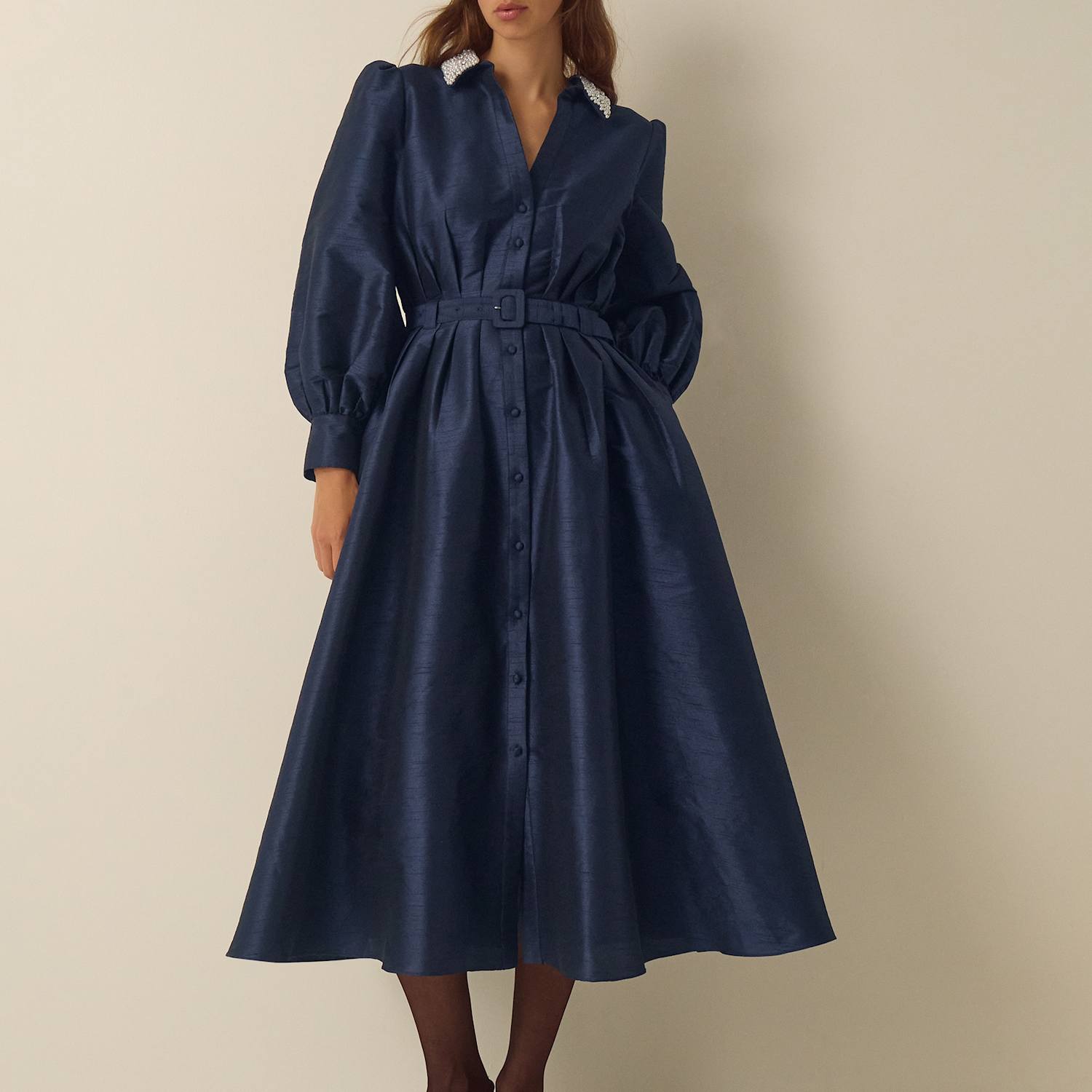 Monsoon Women's Embellished Collared Midi Shirt Dress - 8 - Navy - Available at M&S