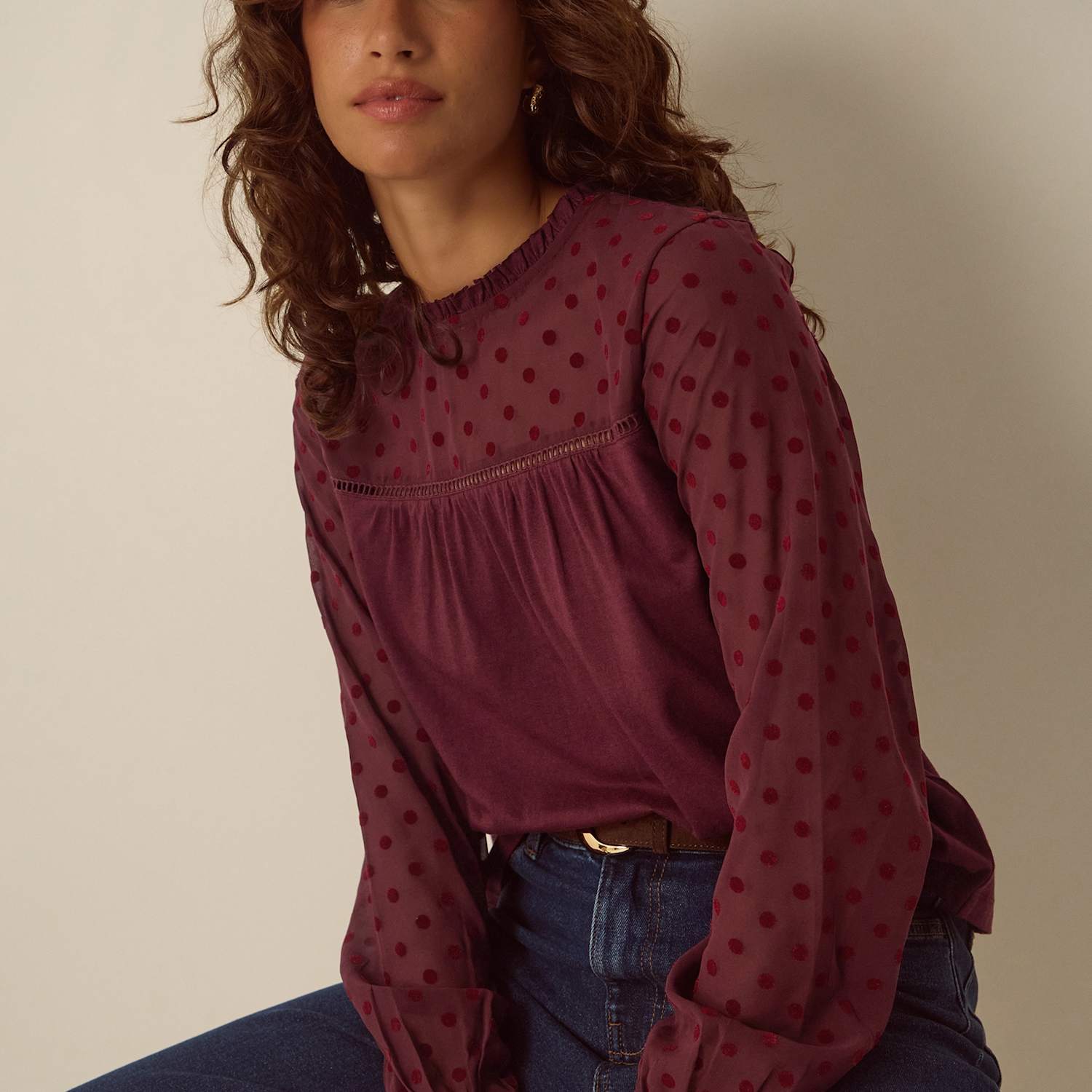 Monsoon Women's Cotton Rich High Neck Blouse - Small - Burgundy - Available at M&S