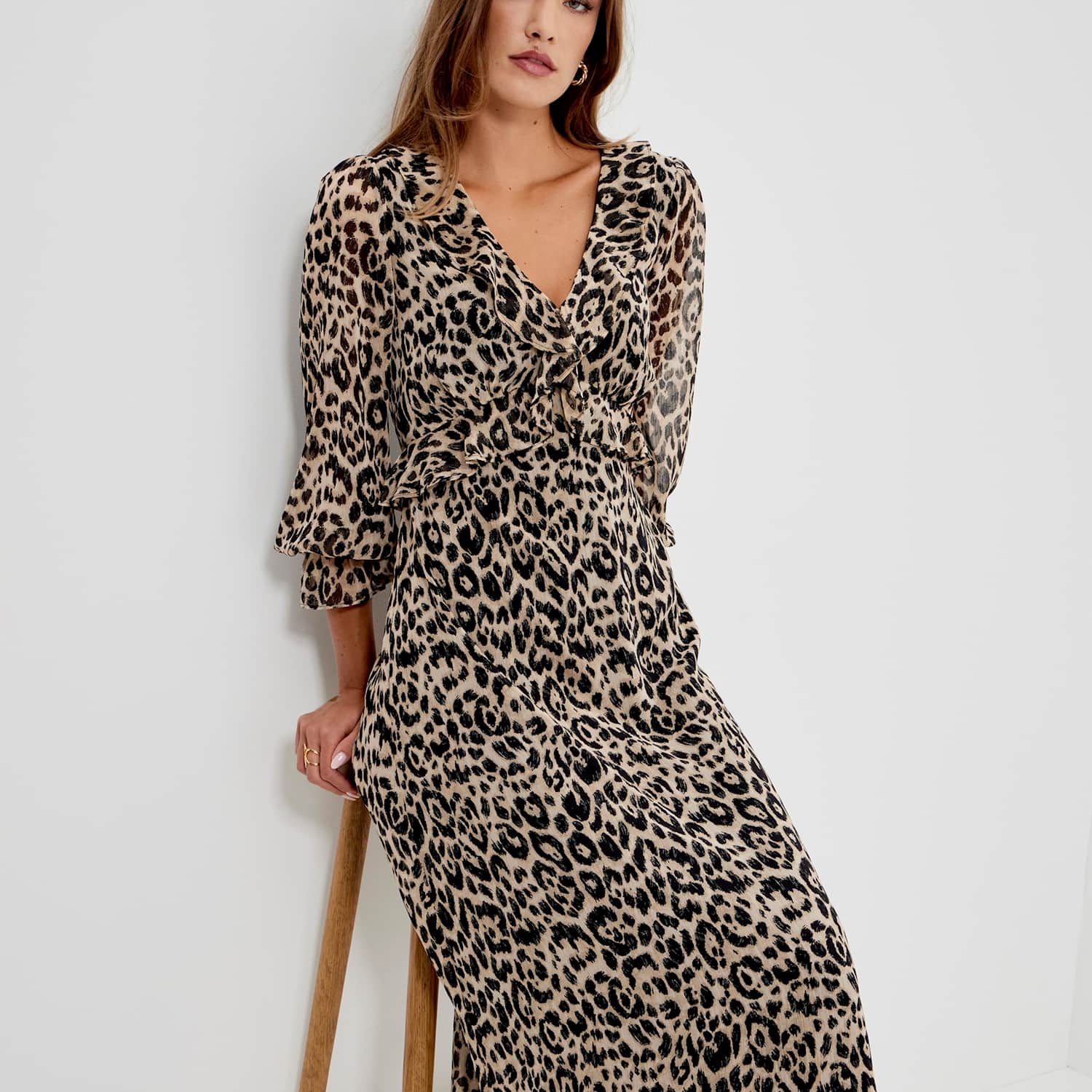 Finery London Women's Chiffon Animal Print V Neck Ruffle Midi Dress - 18 - Natural Mix - Available at M&S