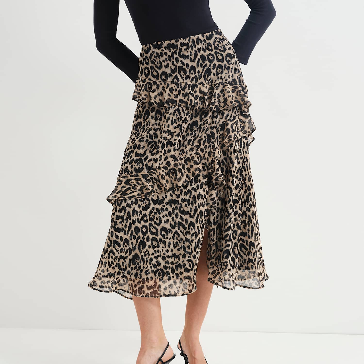 Finery London Women's Leopard Print Asymmetric Ruffle Midi Tiered Skirt - 10 - Natural Mix - Available at M&S