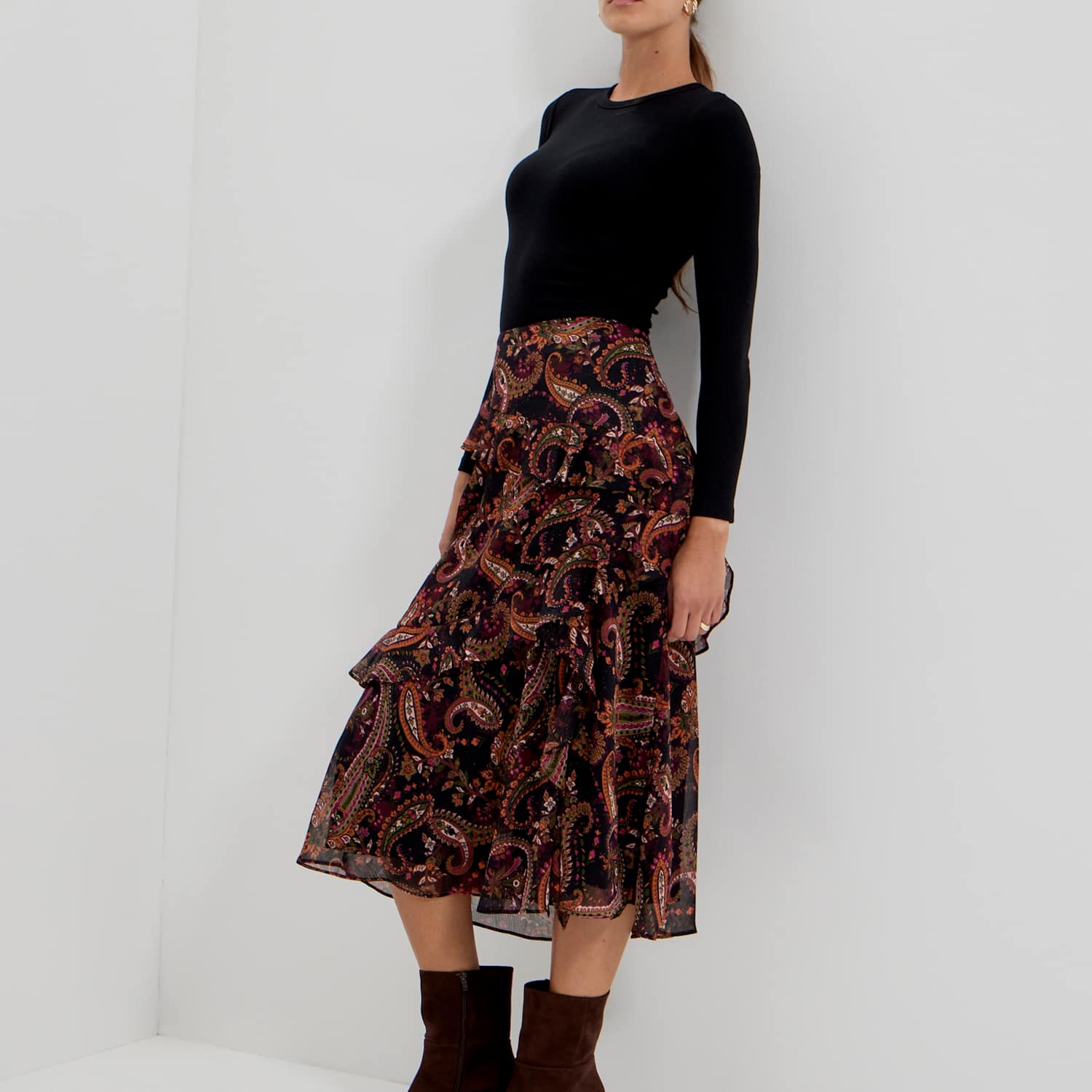 Finery London Women's Chiffon Paisley Ruffle Midi Tiered Skirt - 14 - Black Mix - Available at M&S