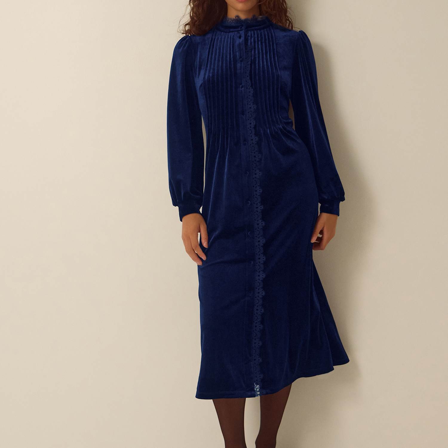 Monsoon Women's Velvet Pintuck High Neck Midi Dress - Large - Dark Blue - Available at M&S