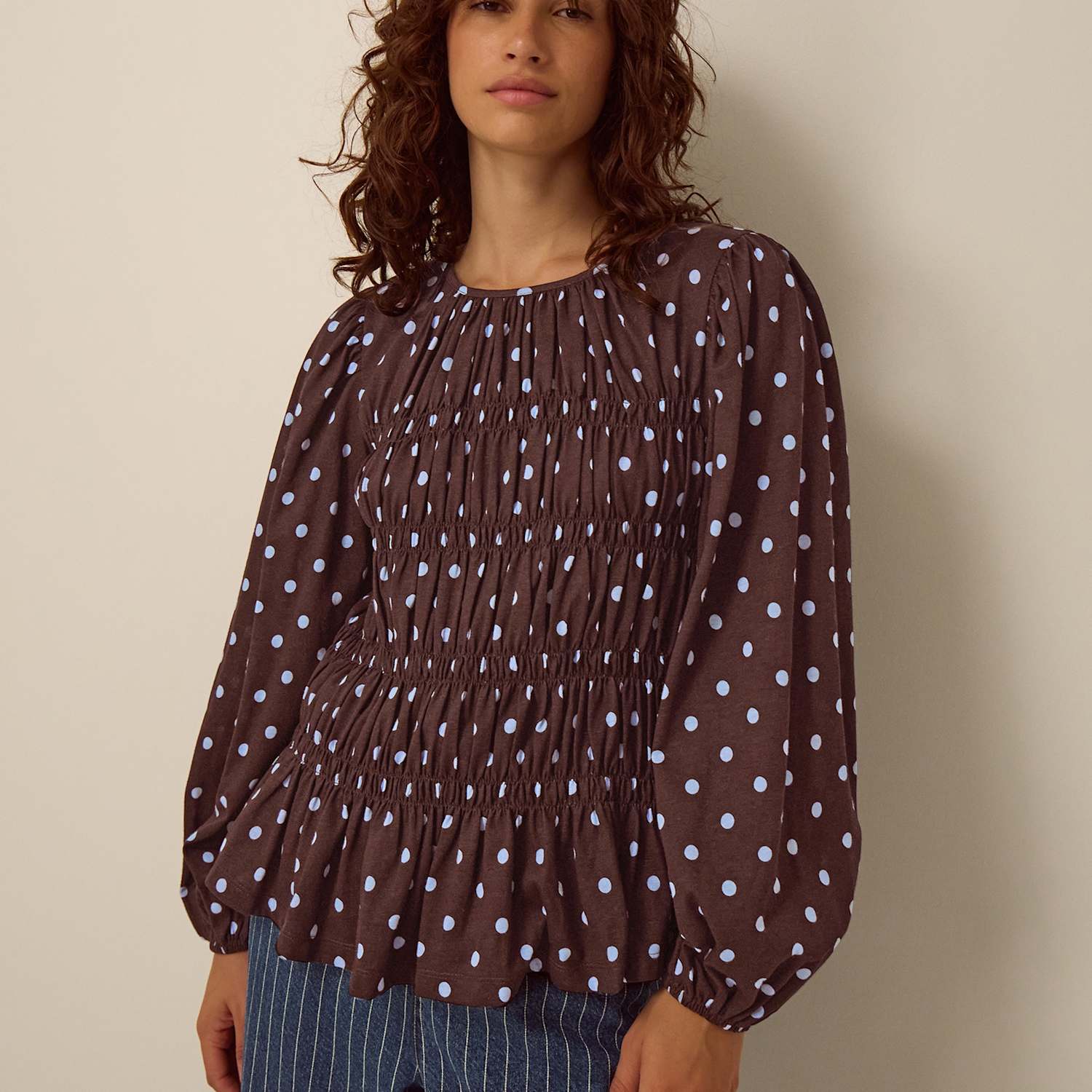 Monsoon Women's Cotton Rich Polka Dot Crew Neck Smocked Top - Large - Brown Mix - Available at M&S