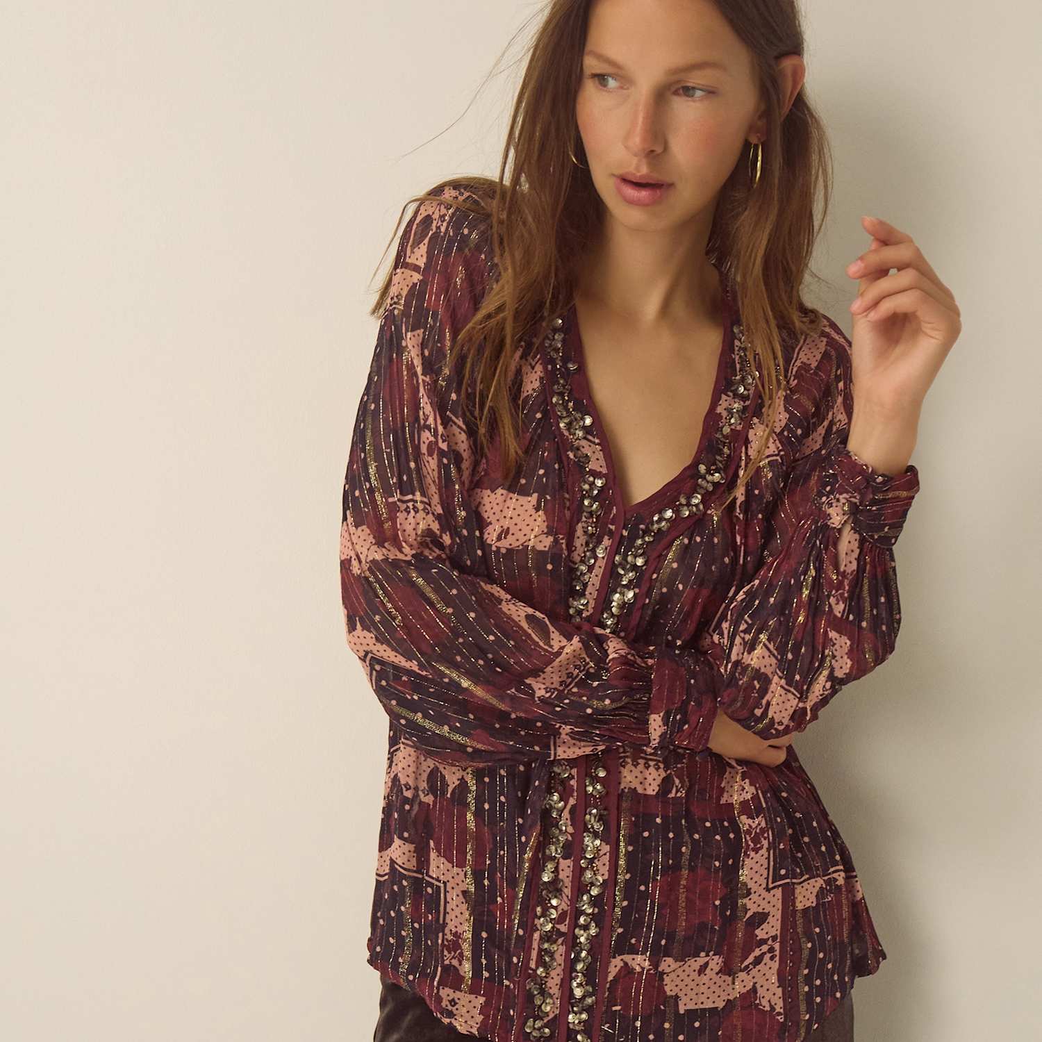 Monsoon Women's Printed V Neck Top - Small - Burgundy Mix - Available at M&S