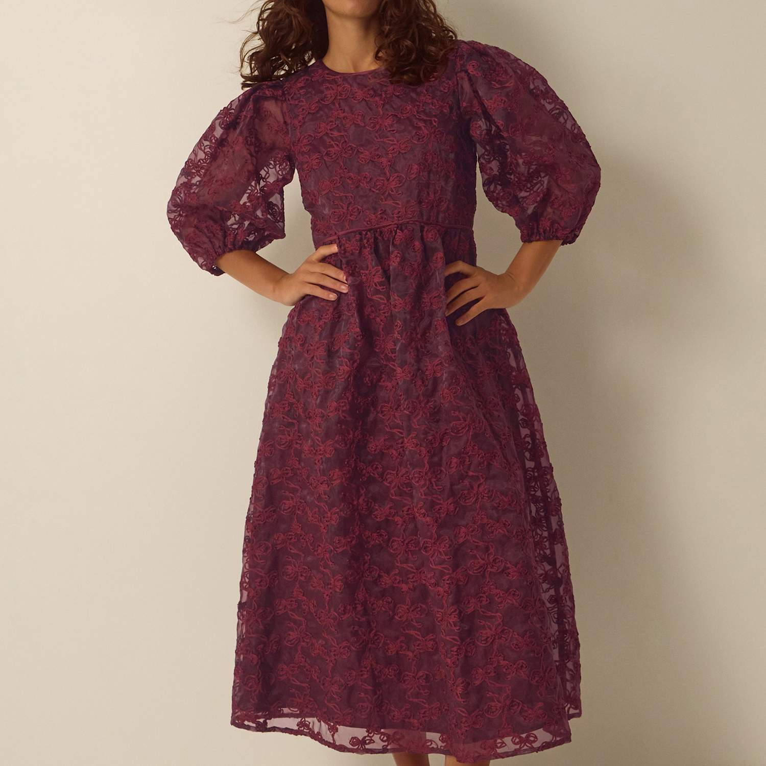 Monsoon Women's Organza Fit And Flare Midi Dress - 14 - Burgundy - Available at M&S