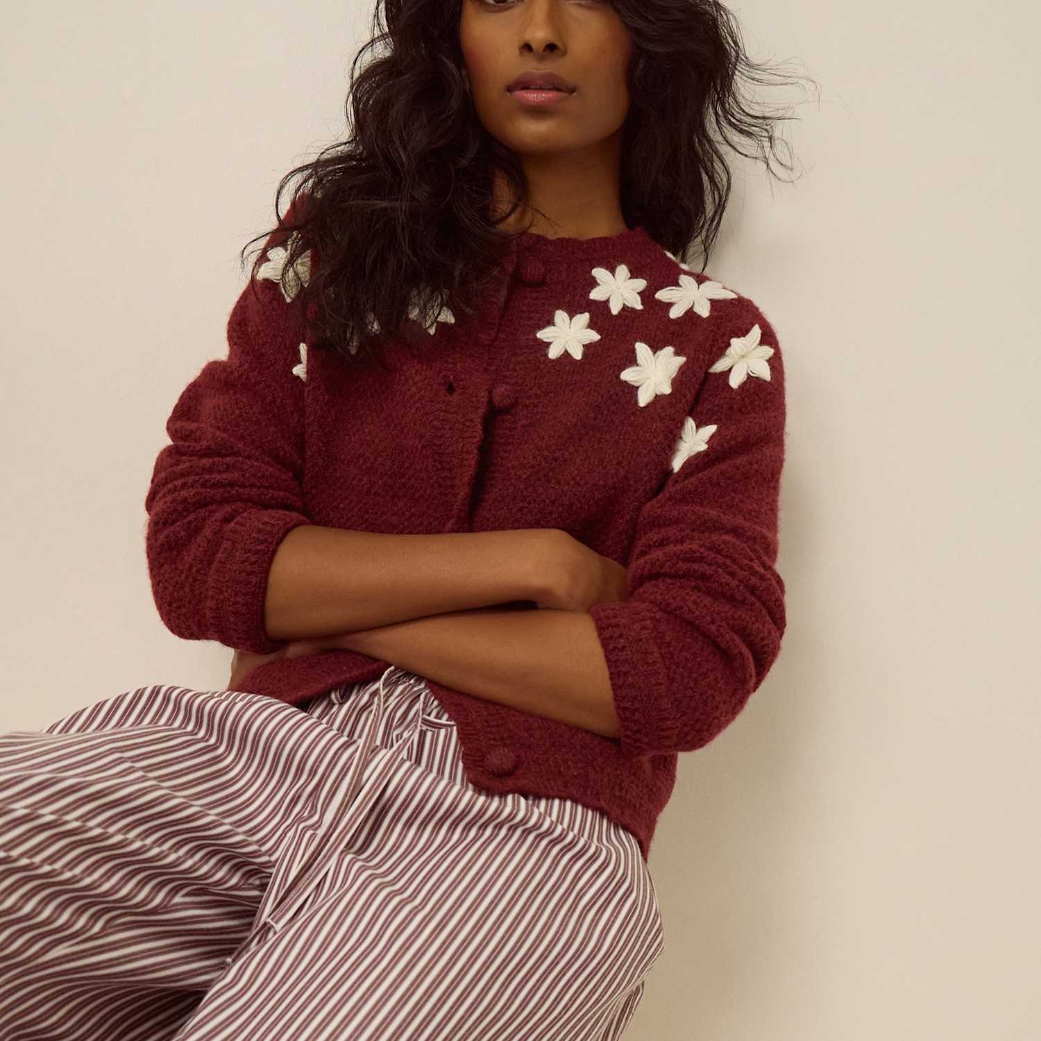 Monsoon Women's Embroidered Crew Neck Cardigan - Small - Burgundy Mix - Available at M&S