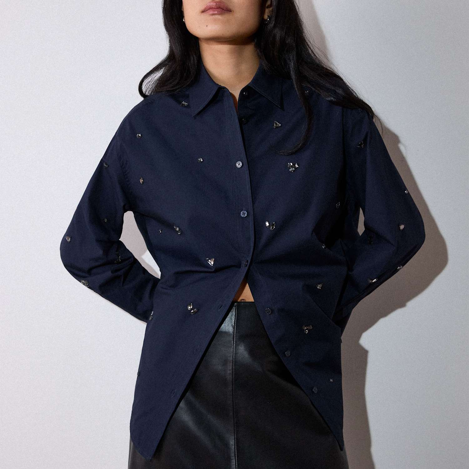 Whistles Women's Pure Cotton Jewel Embellished Relaxed Shirt - 14 - Navy Mix - Available at M&S
