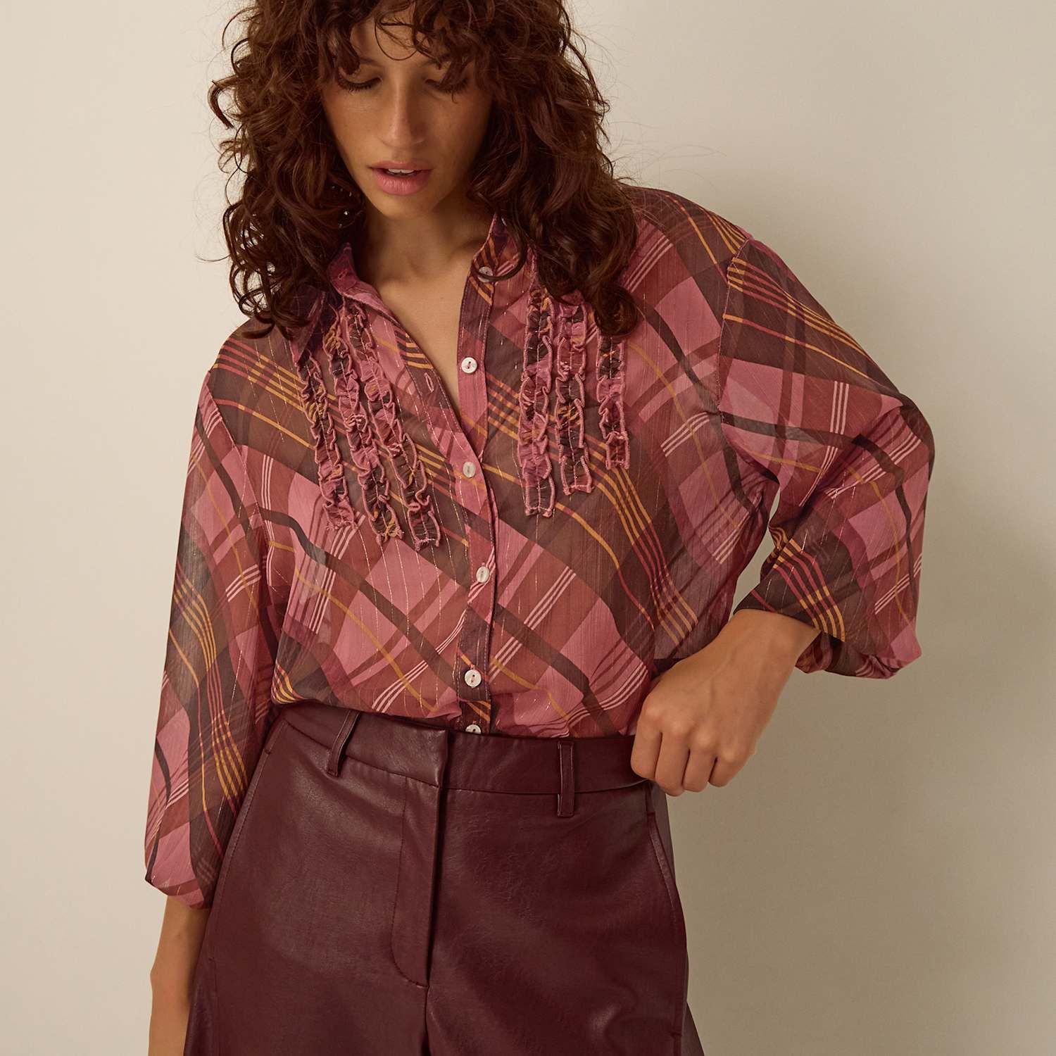 Monsoon Women's Checked Tie Neck Blouse - Large - Pink Mix - Available at M&S