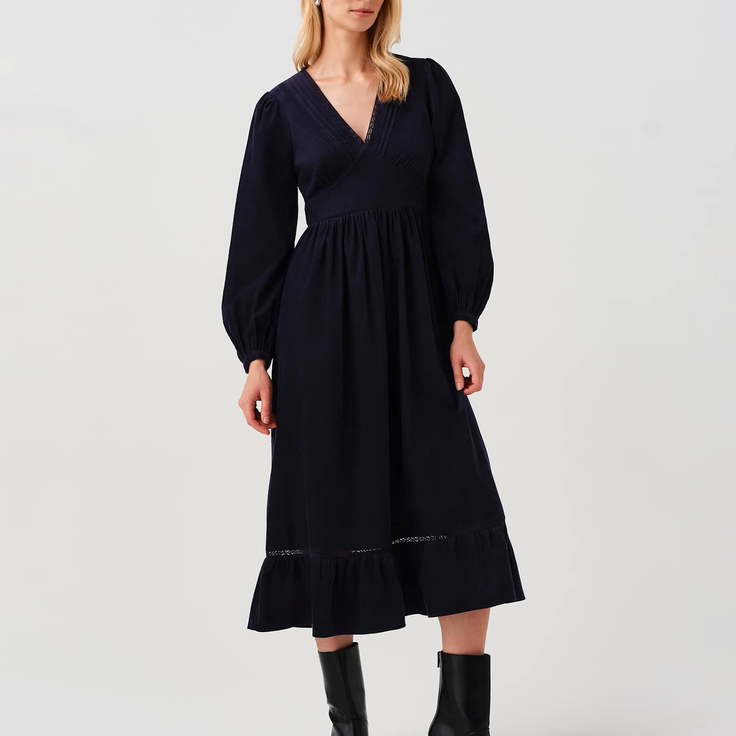 Ghost Women's Cotton Corduroy V Neck Midi Dress - 10 - Navy - Available at M&S