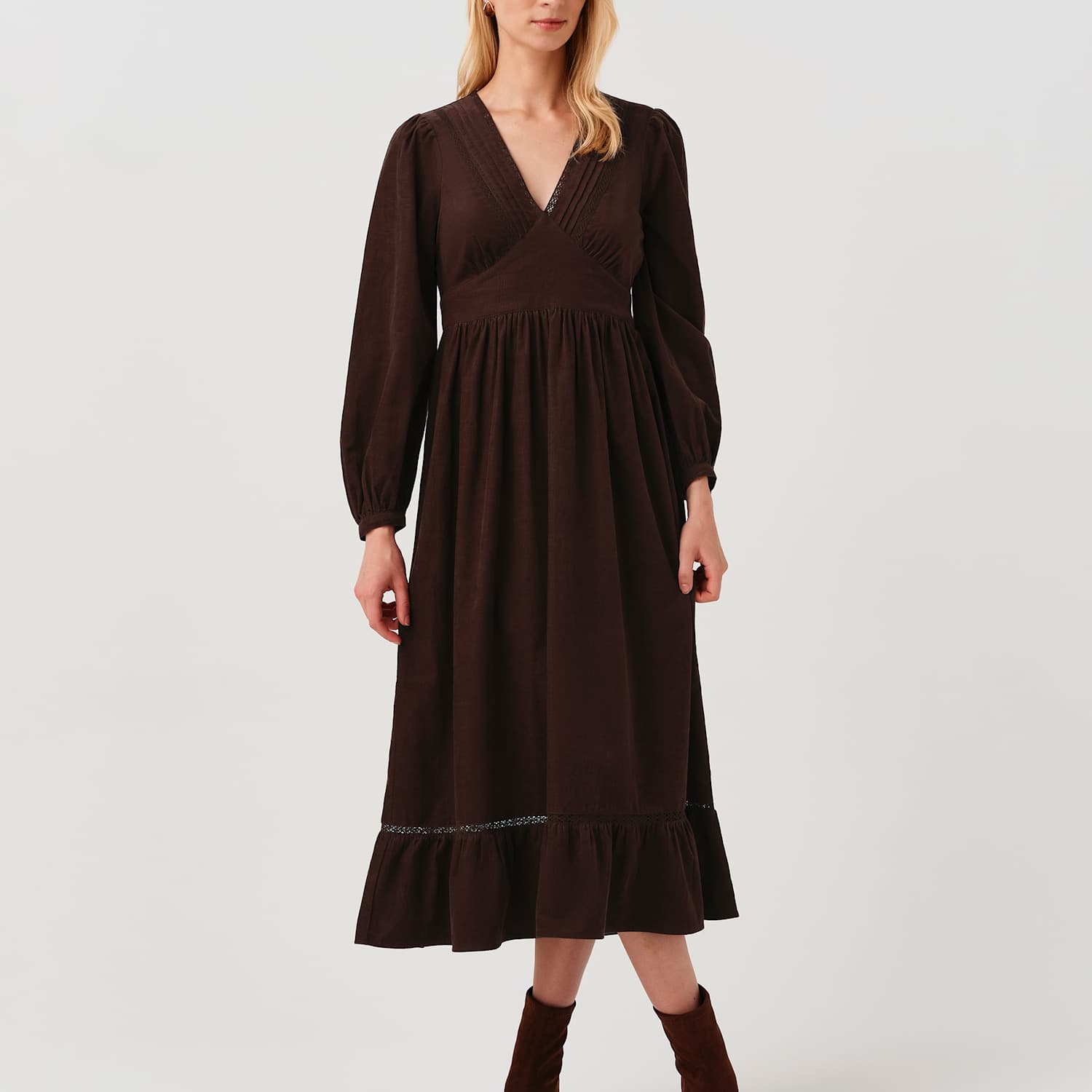 Ghost Women's Cotton Corduroy V Neck Midi Dress - 14 - Brown - Available at M&S