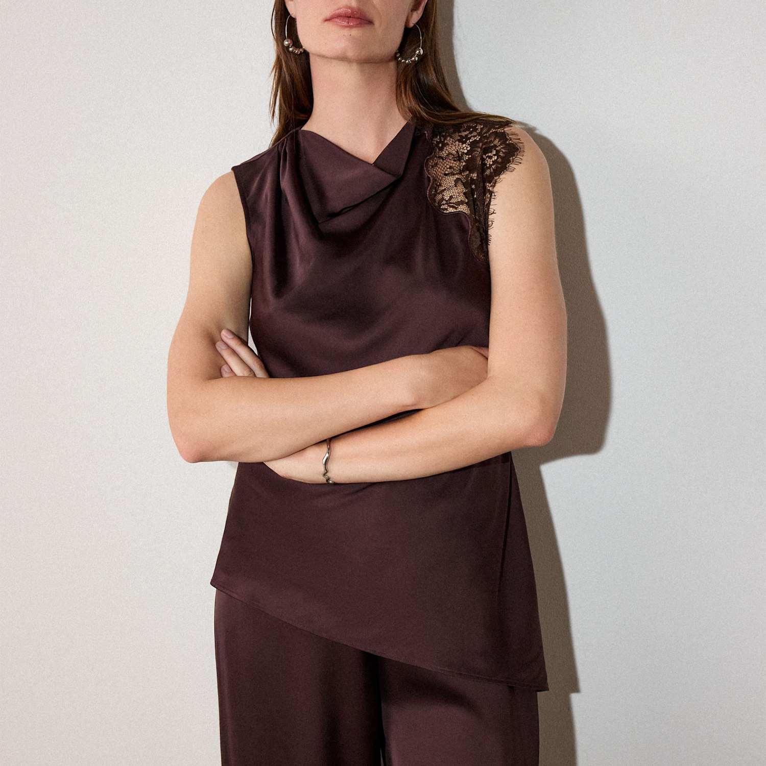 Whistles Women's Satin Lace Asymmetric Top - 10 - Chocolate - Available at M&S