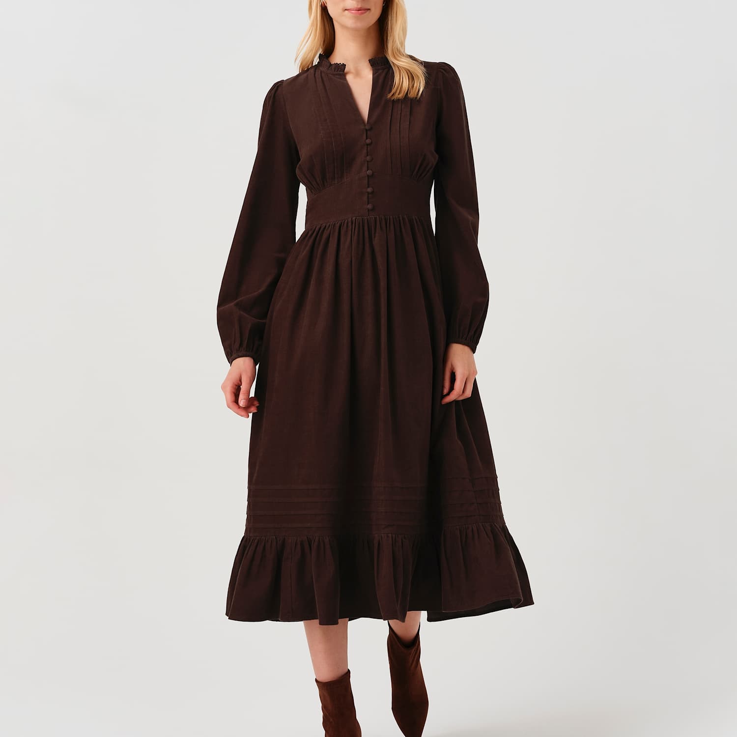 Ghost Women's Cotton Corduroy Frilled Collar Midi Dress - 14 - Brown - Available at M&S