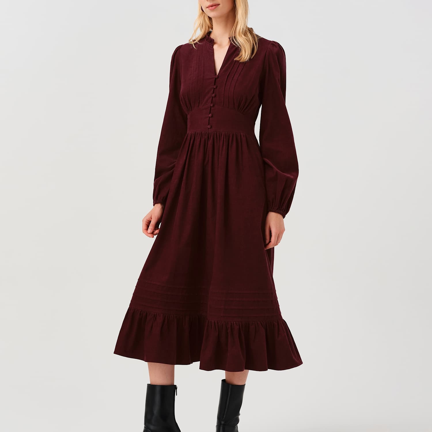 Ghost Women's Cotton Corduroy Frilled Collar Midi Dress - 12 - Burgundy - Available at M&S