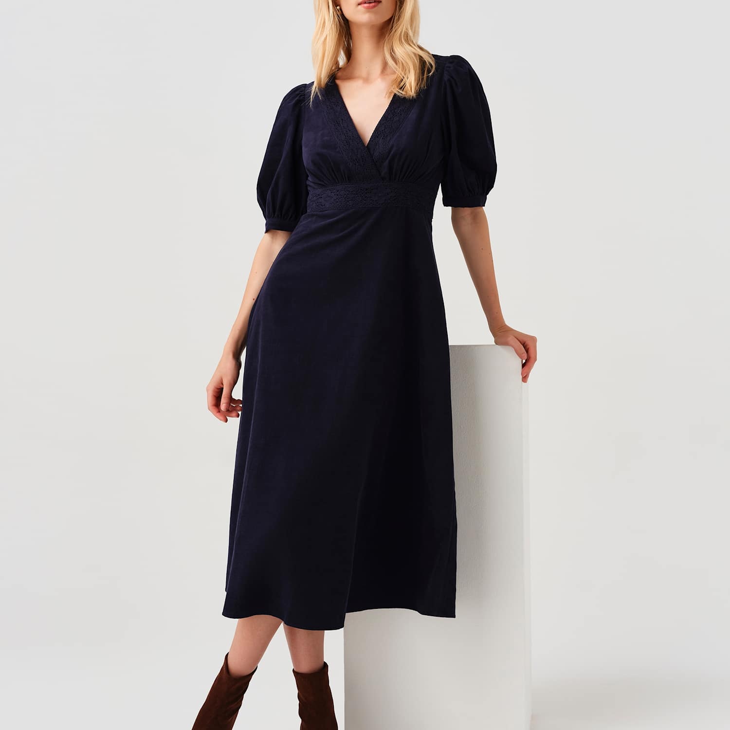 Ghost Women's Cotton Corduroy Cross Front Midi Dress - 10 - Navy - Available at M&S