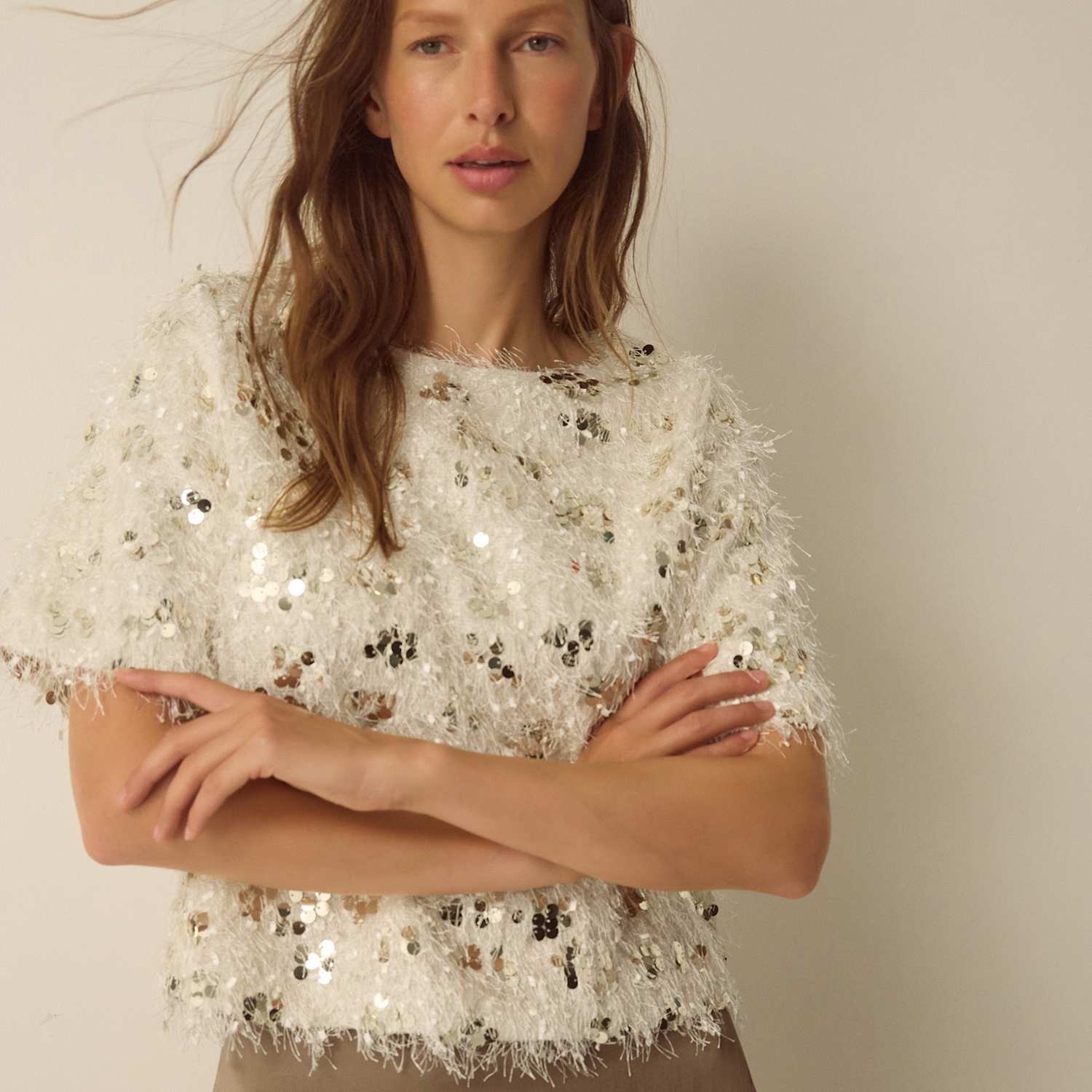 Monsoon Women's Sequin Fringed Crew Neck T-Shirt - Large - Ivory Mix - Available at M&S