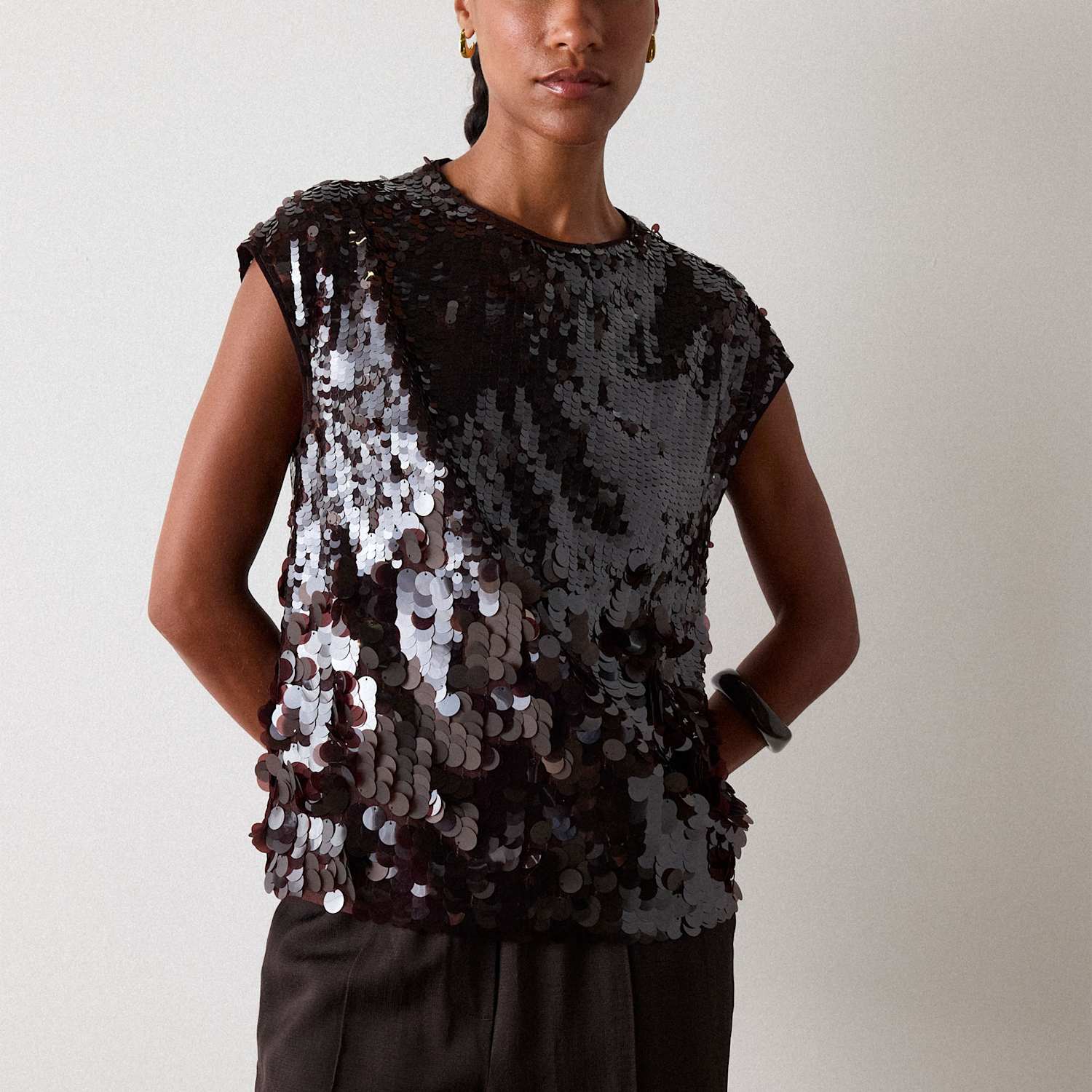 Whistles Women's Sequin Cap Sleeve Top - Large - Chocolate - Available at M&S
