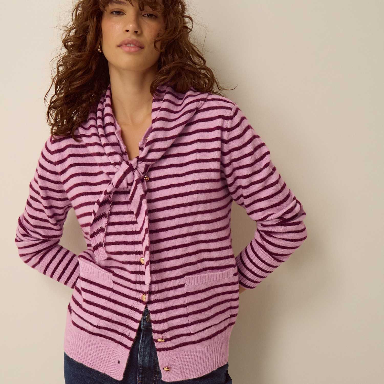 Monsoon Women's Crew Neck Striped Cardigan - Medium - Pink Mix - Available at M&S