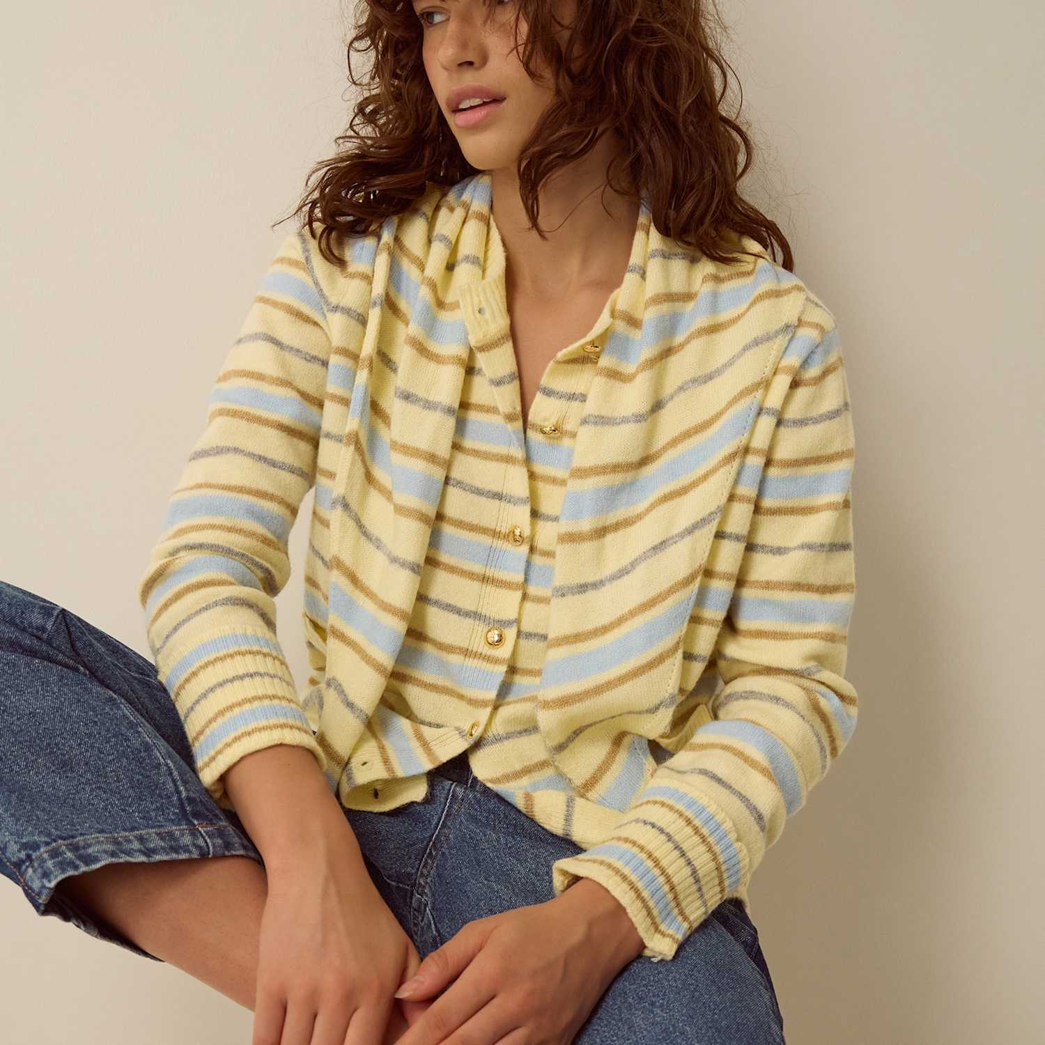 Monsoon Women's Crew Neck Striped Cardigan - Extra Large - Yellow Mix - Available at M&S