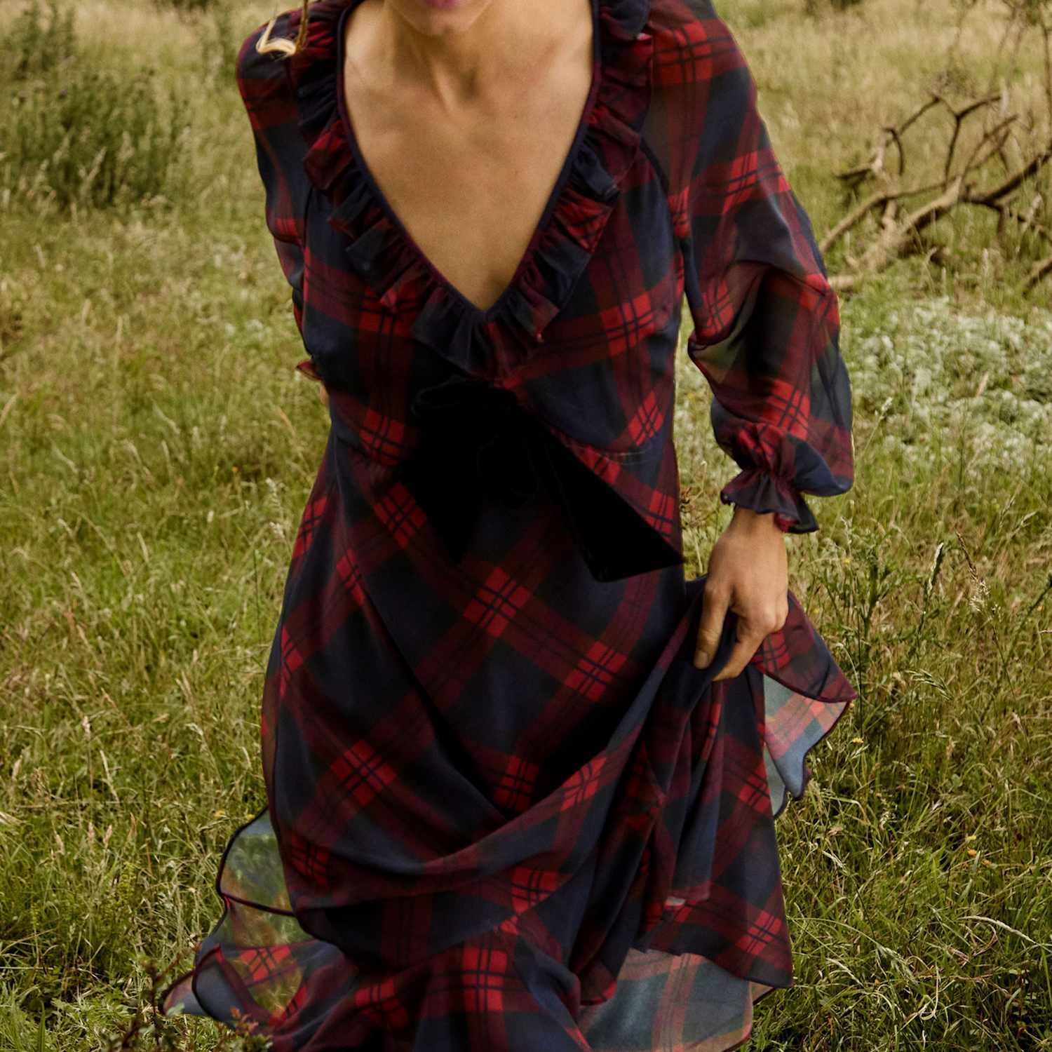 Monsoon Women's Checked Lace V Neck Zip Up Maxi Tea Dress - 12 - Red Mix - Available at M&S