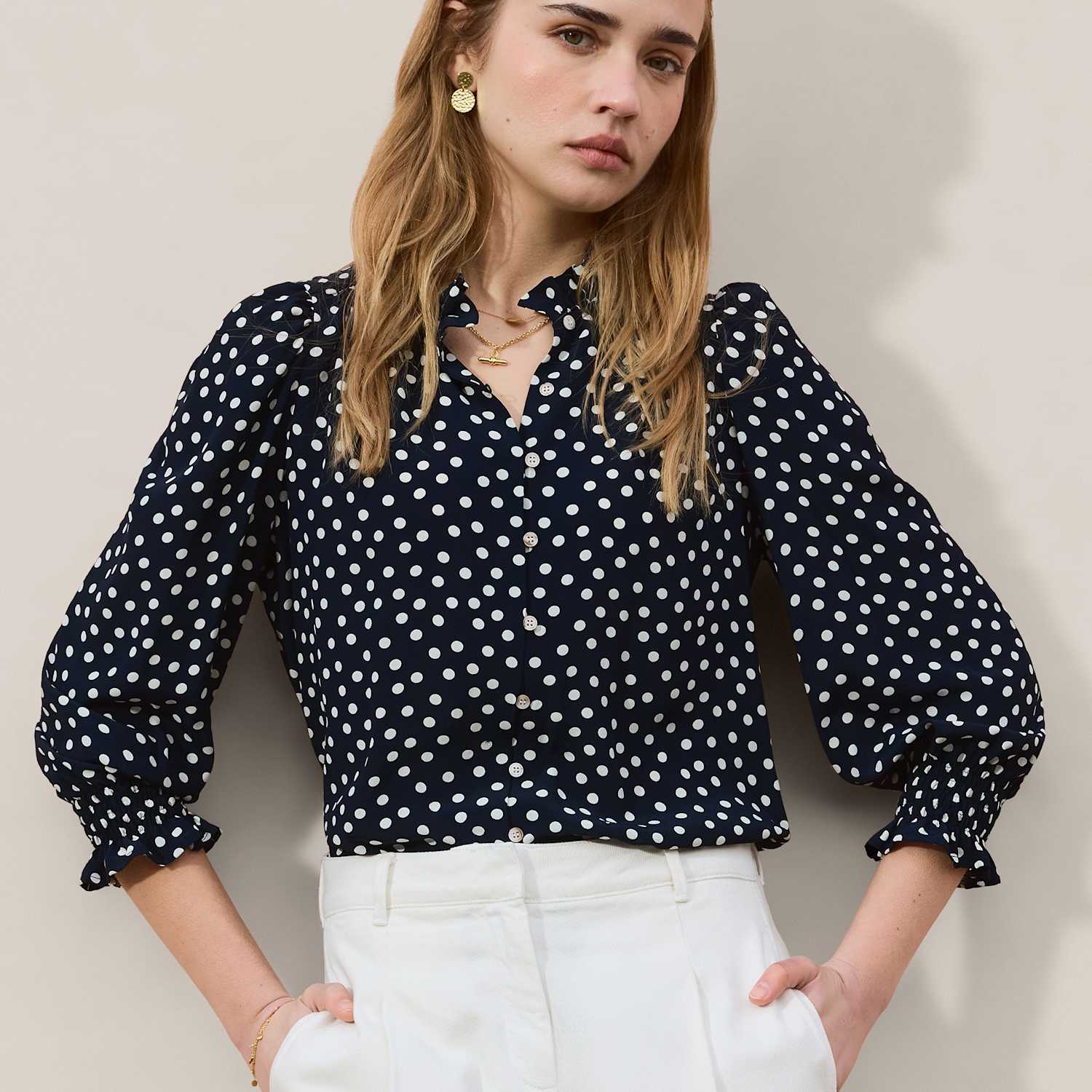 Baukjen Women's Crepe Polka Dot Collared Puff Sleeve Blouse - 10 - Navy Mix - Available at M&S