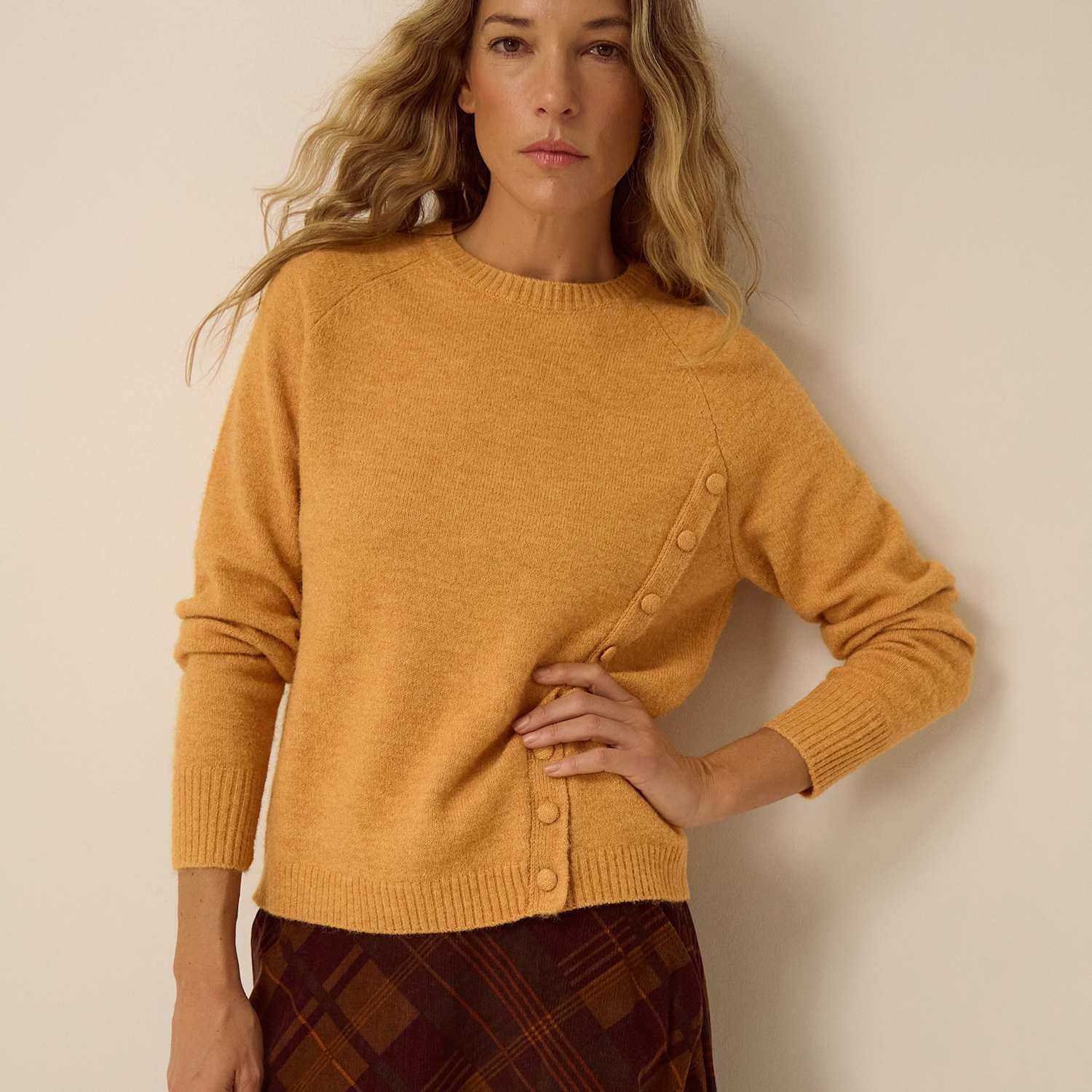 Monsoon Women's Button Detail Crew Neck Jumper - Large - Yellow - Available at M&S