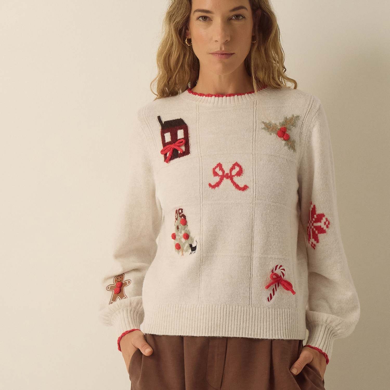 Monsoon Women's Printed Christmas Crew Neck Jumper - Small - Ivory Mix - Available at M&S