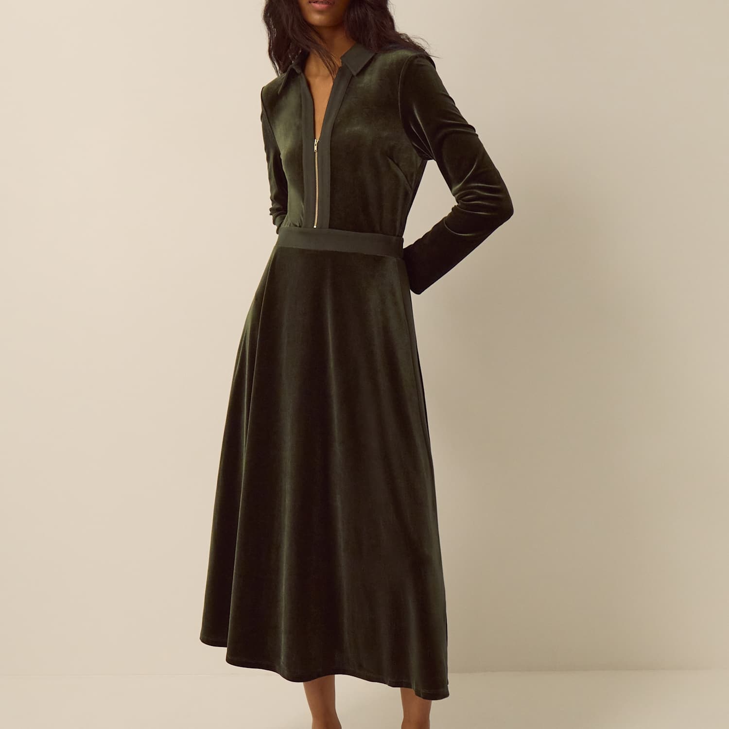 Monsoon Women's Velvet Collared Neck Zip Up Midi Dress - Medium - Olive - Available at M&S