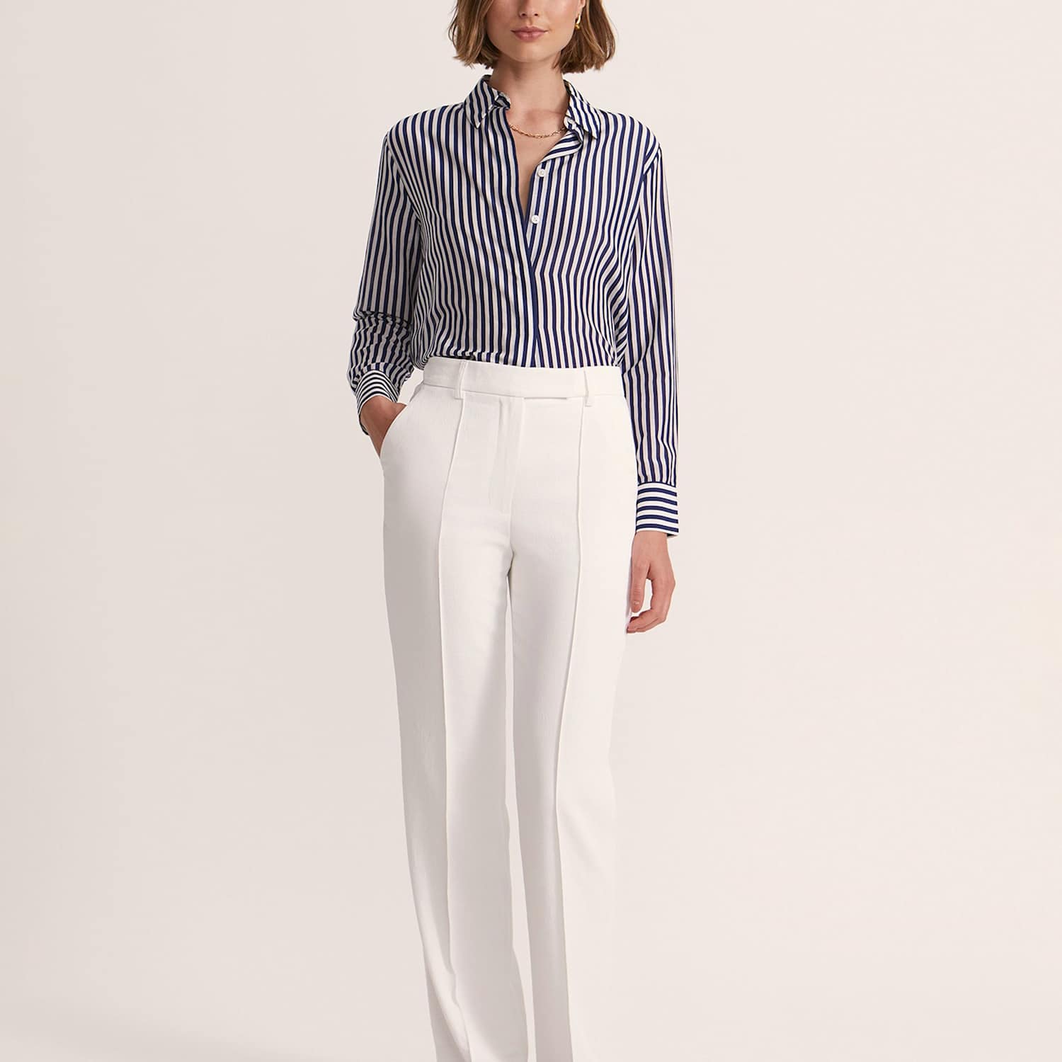 Saba Women's Cotton Rich Striped Shirt with Silk - 6 - Navy - Available at M&S