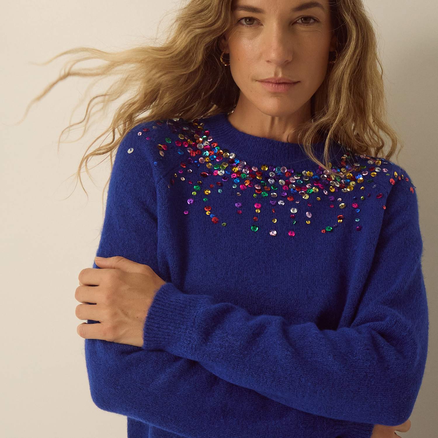 Monsoon Women's Sequin Crew Neck Jumper - Small - Blue Mix - Available at M&S