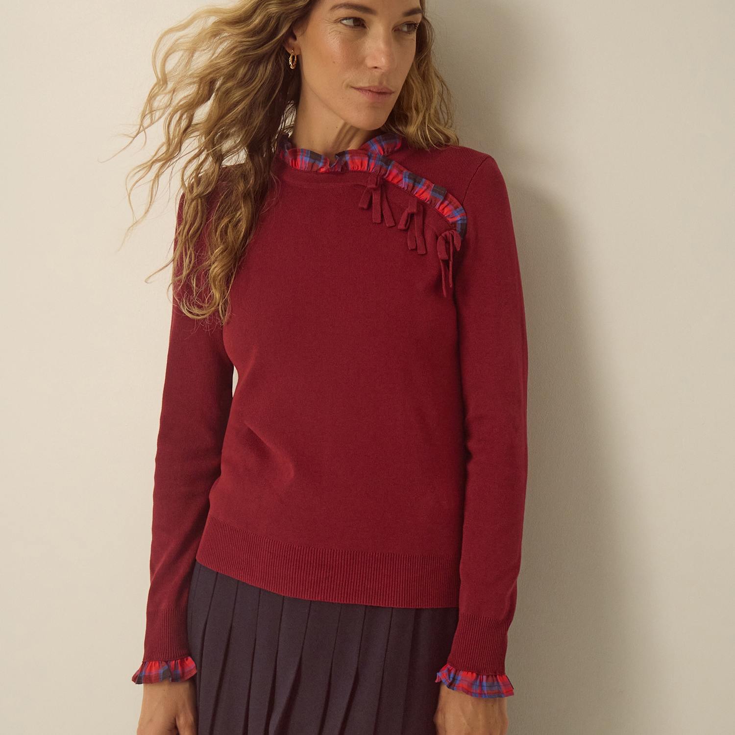 Monsoon Women's Checked Funnel Neck Jumper - Extra Large - Burgundy - Available at M&S