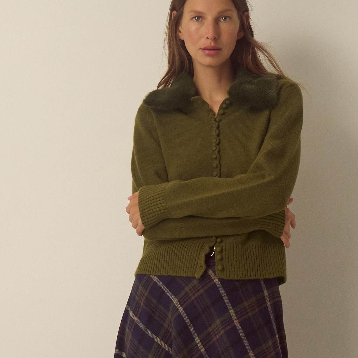 Monsoon Women's Faux Fur Collar Cardigan - Large - Khaki - Available at M&S