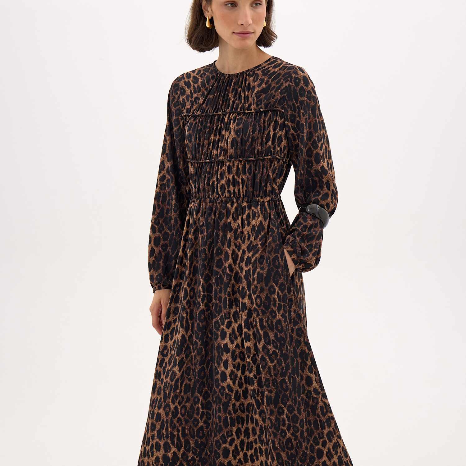 Hush Women's Chiffon Animal Print Gathered Midi Waisted Dress - 12 - Brown Mix - Available at M&S