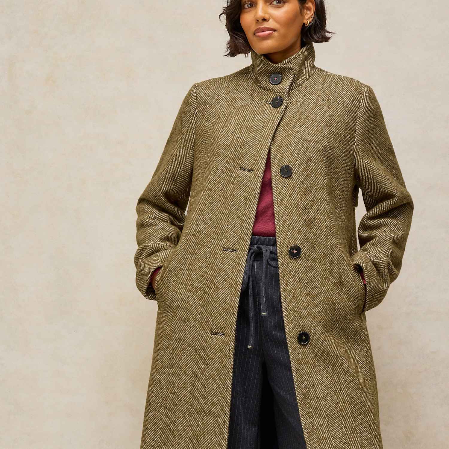 White Stuff Women's Kaia Tweed Printed Funnel Neck Coat - 24 - Green Mix - Available at M&S