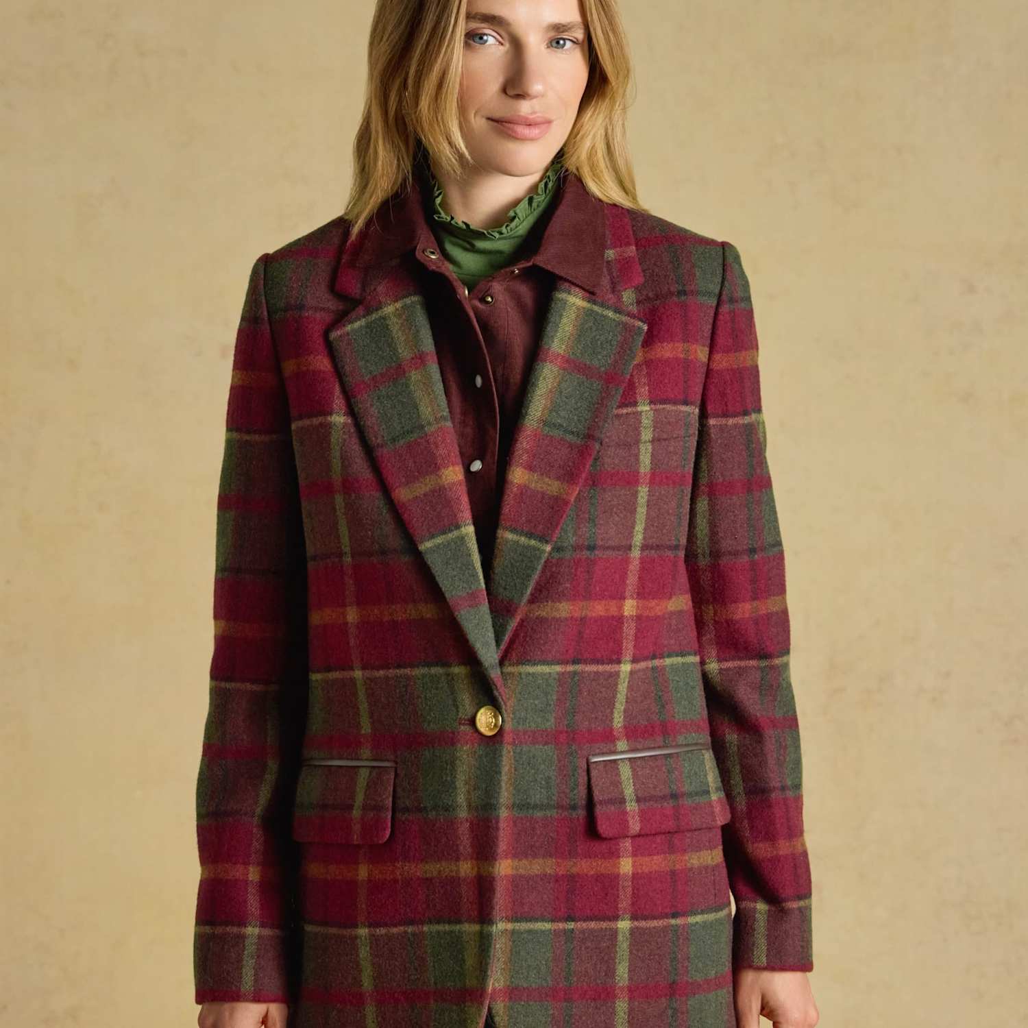 Joules Women's Wool Blend Checked Relaxed Blazer - 14 - Burgundy Mix - Available at M&S