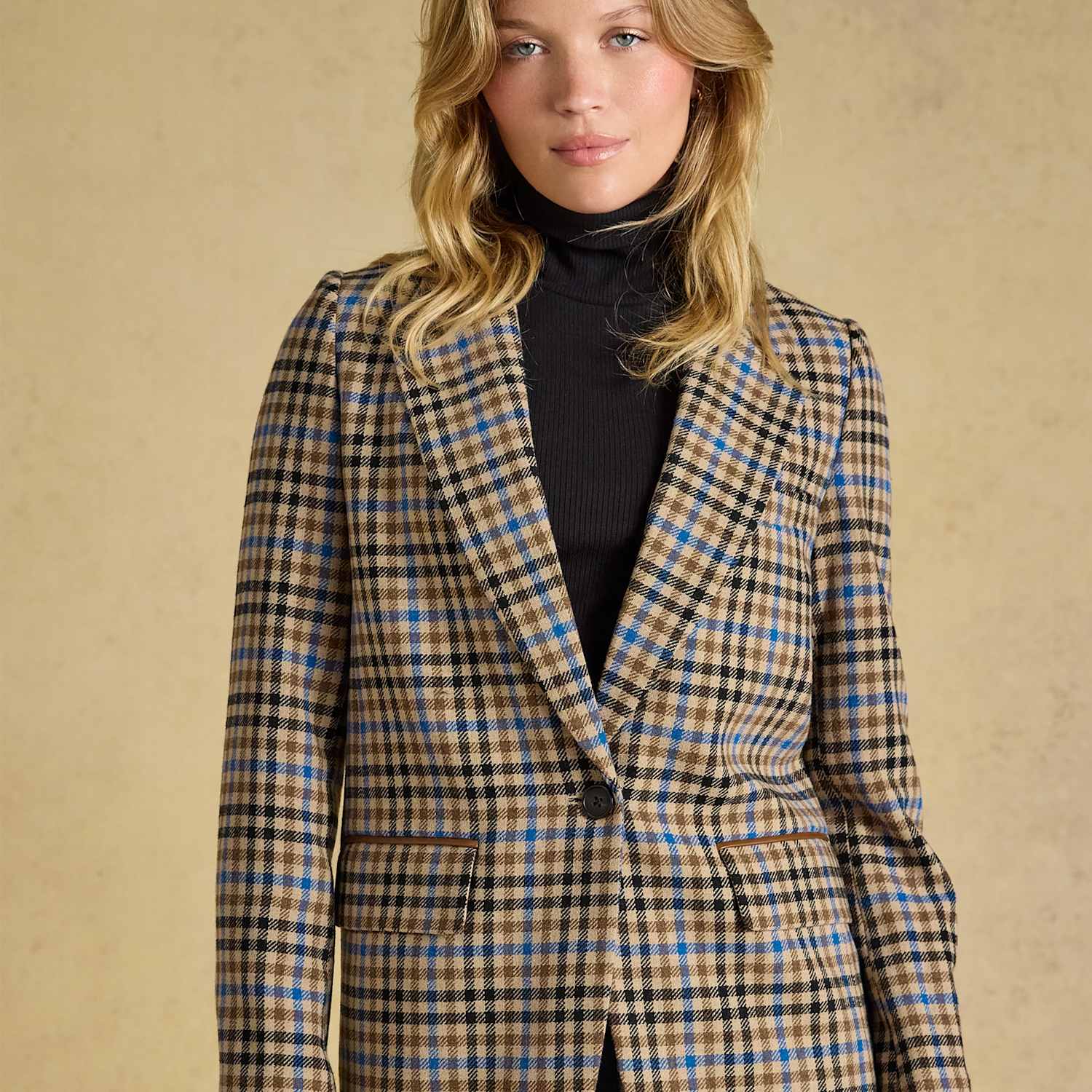 Joules Women's Wool Rich Checked Faux Leather Trim Relaxed Blazer - 12 - Brown Mix - Available at M&S