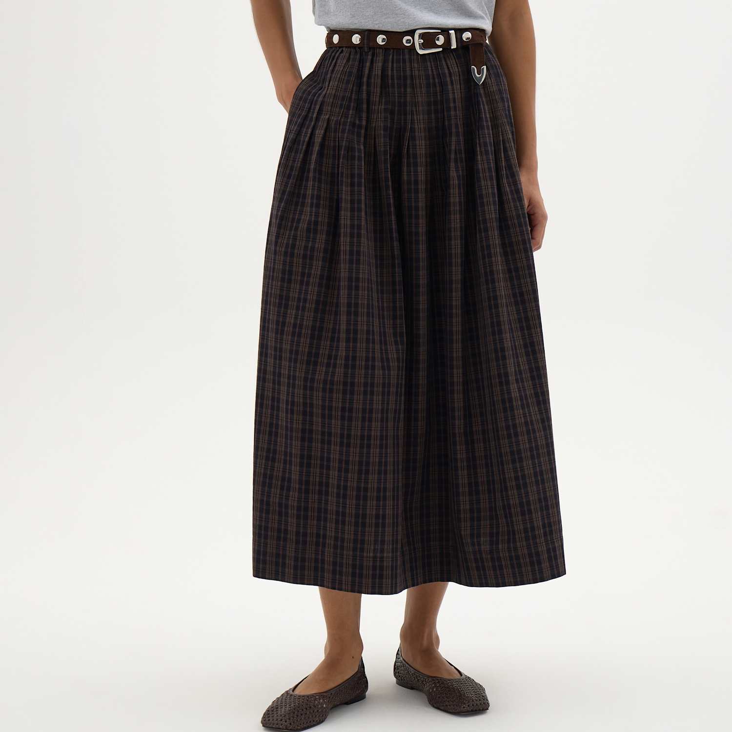 Hush Women's Pure Cotton Checked Midi A-Line Skirt - XX Small - Brown Mix - Available at M&S
