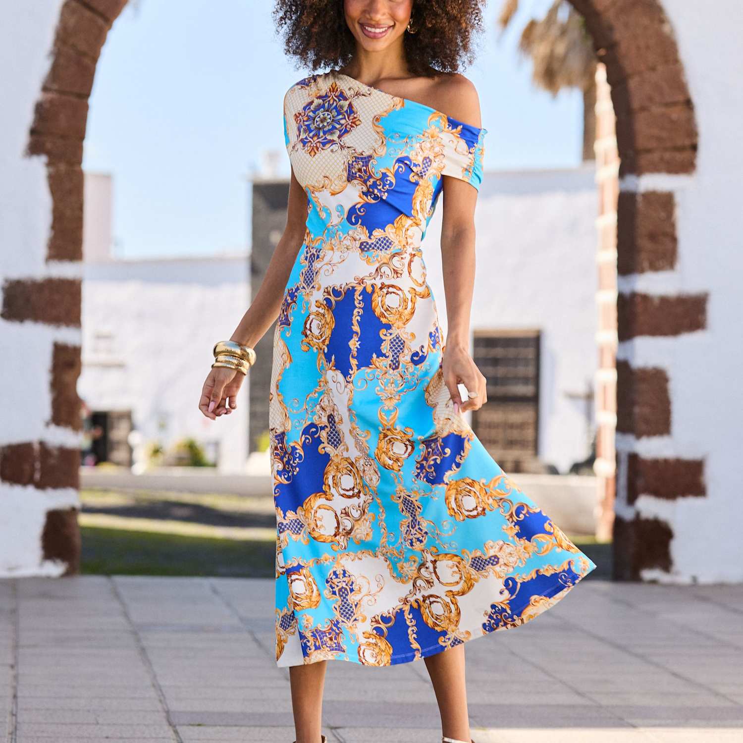 Sosandar Women's Printed One Shoulder Midi Dress - 6 - Blue Mix - Available at M&S