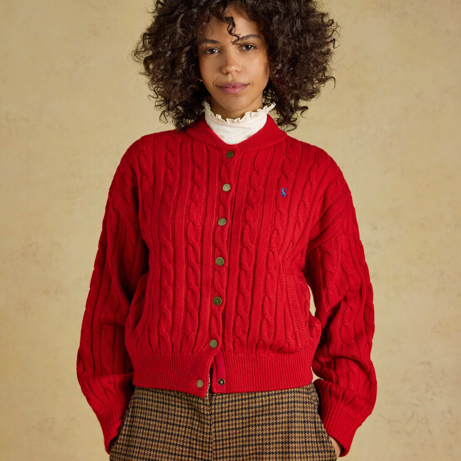 Joules Women's Cable Knit Collared Bomber Cardigan with Wool - Extra Small - Red Mix - Available at M&S