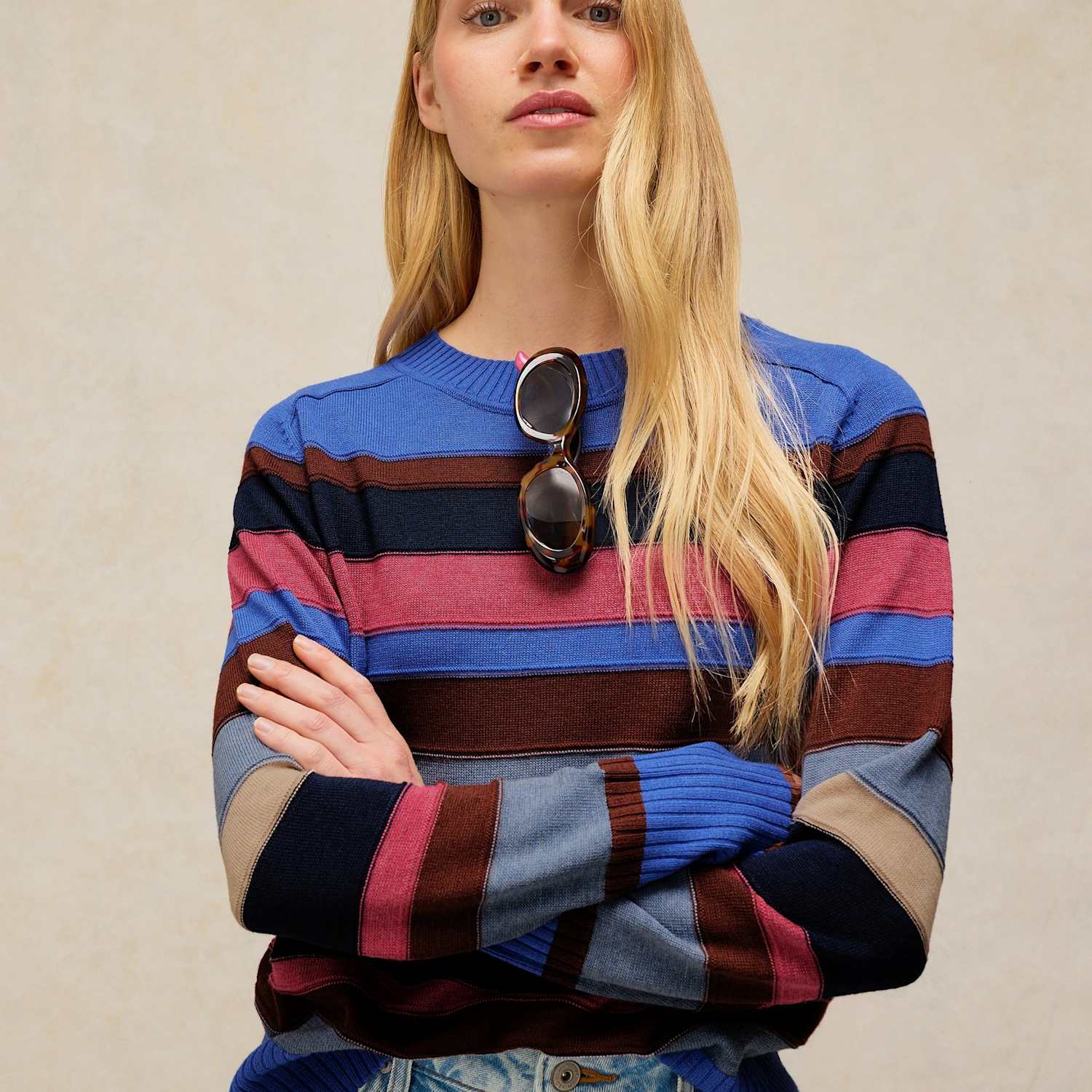 White Stuff Women's Sienna Cotton Rich Colour Block Crew Neck Jumper - 14 - Blue Mix - Available at M&S