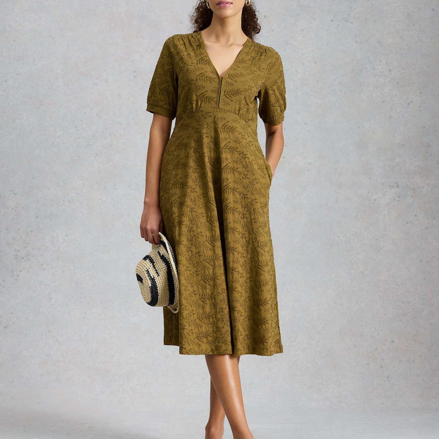 White Stuff Women's Megan Pure Cotton Jersey Embroidered Midi Dress - 16 - Olive - Available at M&S