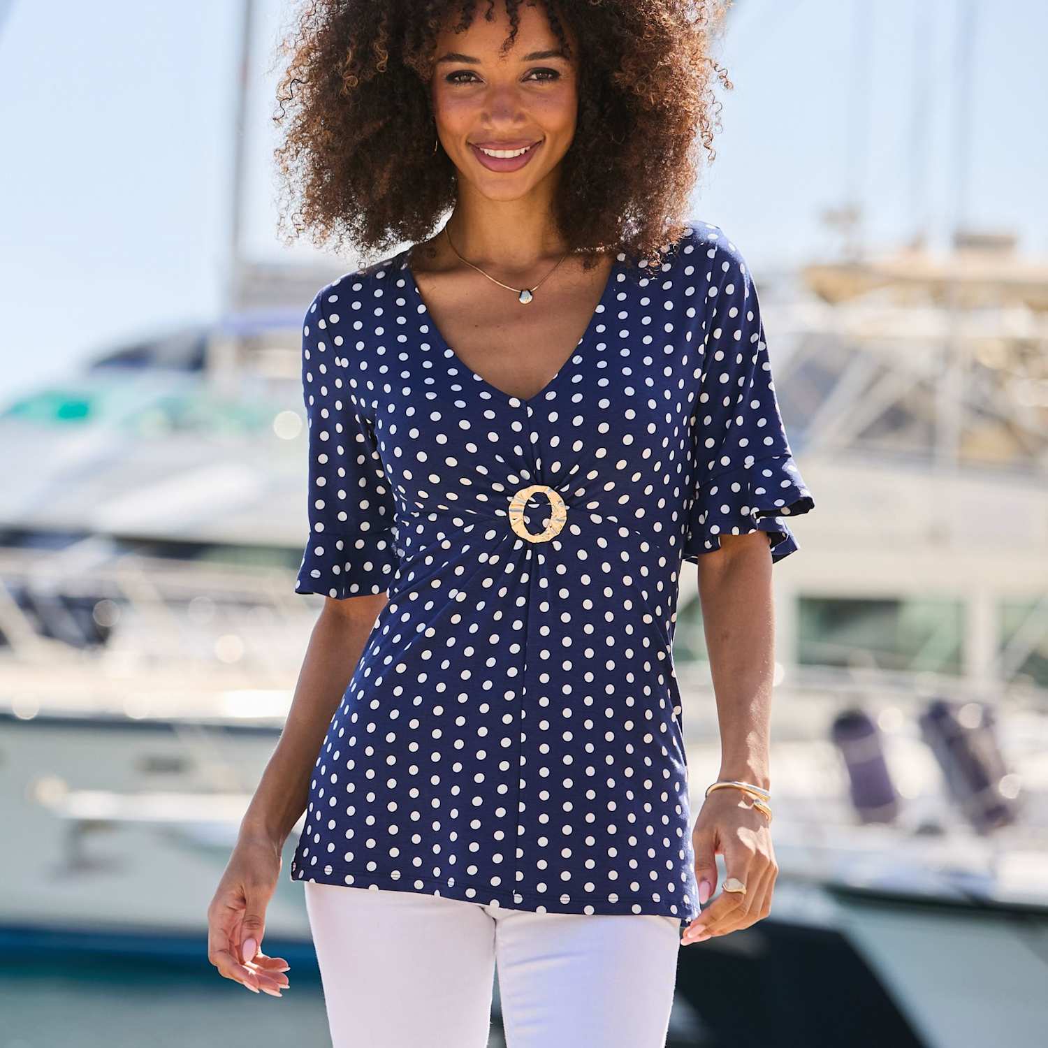 Sosandar Women's Polka Dot V-Neck Ring Detail Tunic - 16 - Navy Mix - Available at M&S