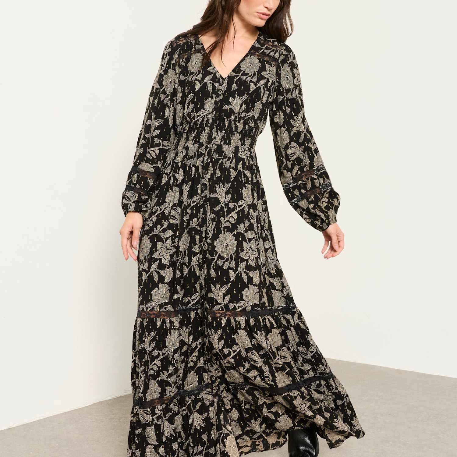 Fatface Women's Jacquard Floral V-Neck Maxi Waisted Dress - 8 - Black Mix - Available at M&S