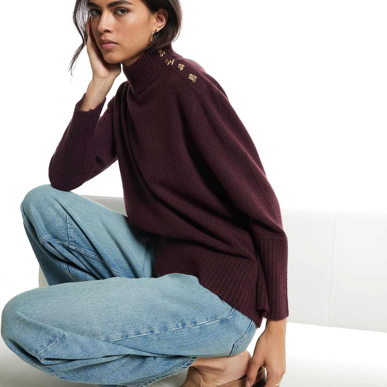 River Island Women's Funnel Neck Button Detail Jumper - Large - Burgundy - Available at M&S